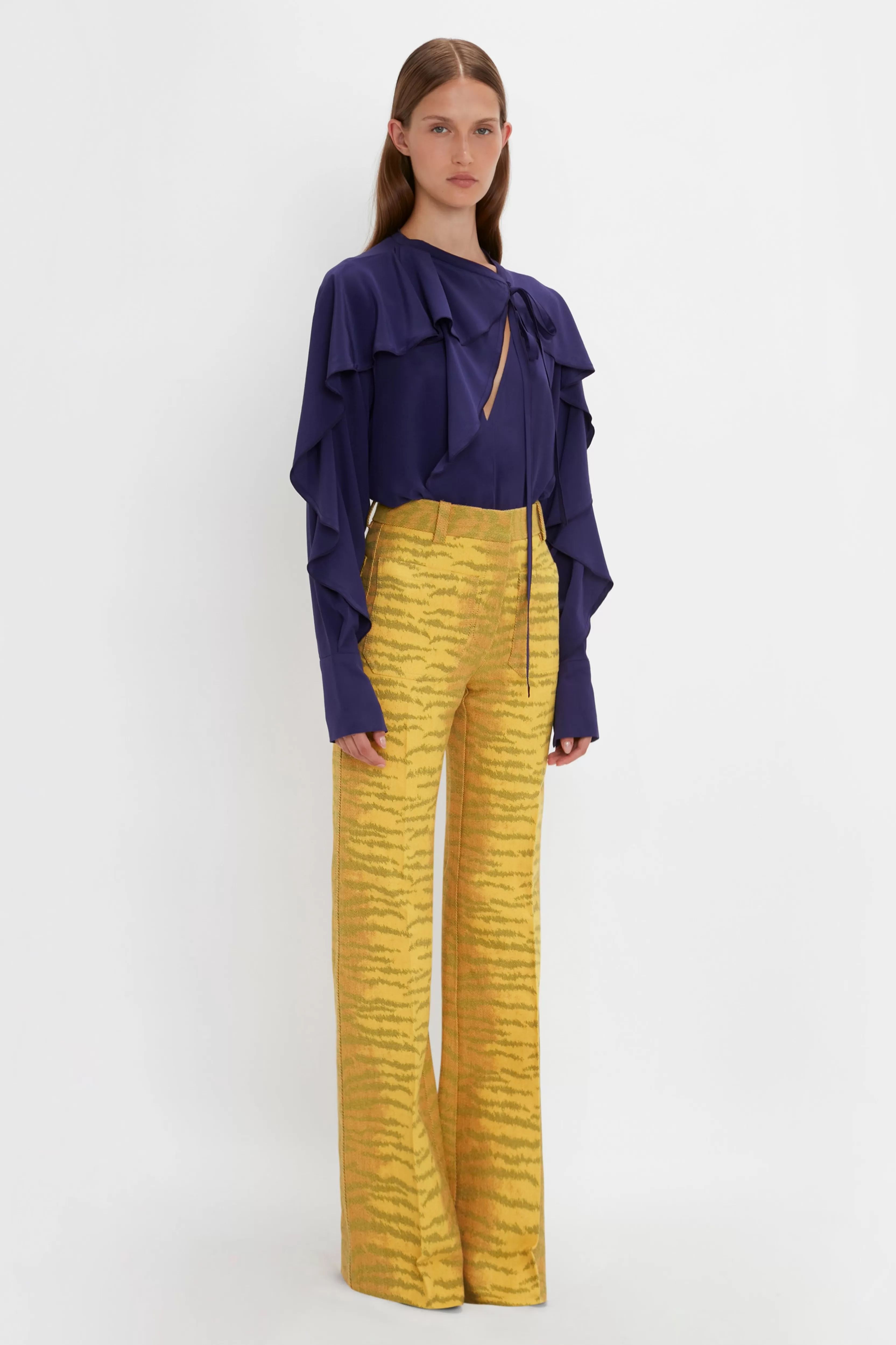 READY TO WEAR Victoria Beckham Pre Spring Summer 2024 | Trousers | Alina Trouser In -Maple Tiger Print Yellow