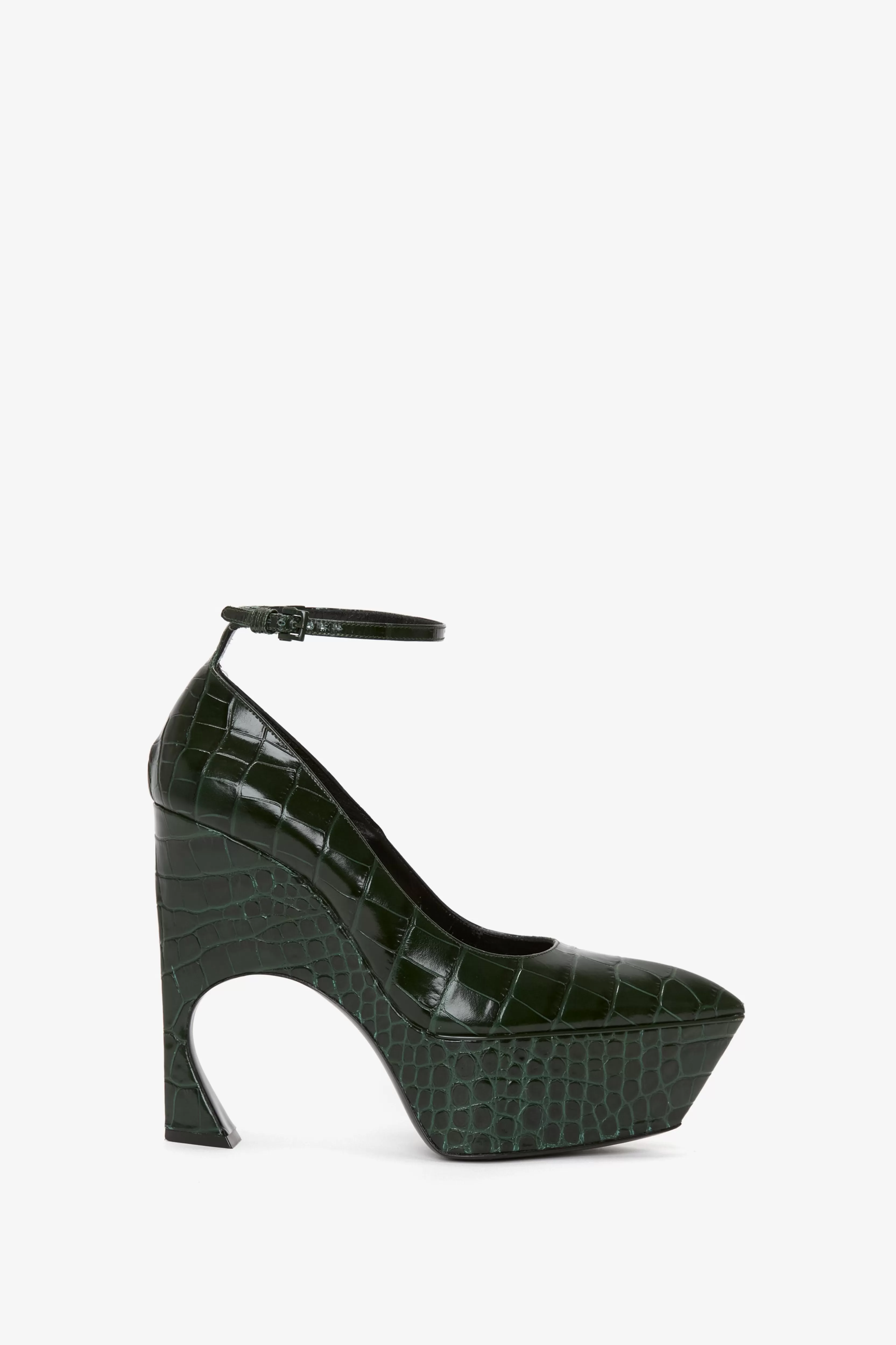 SHOES | ACCESSORIES Victoria Beckham Heels | Shoes | Ankle Strap Wedge Pump In Dark Green Croc-Effect Leather