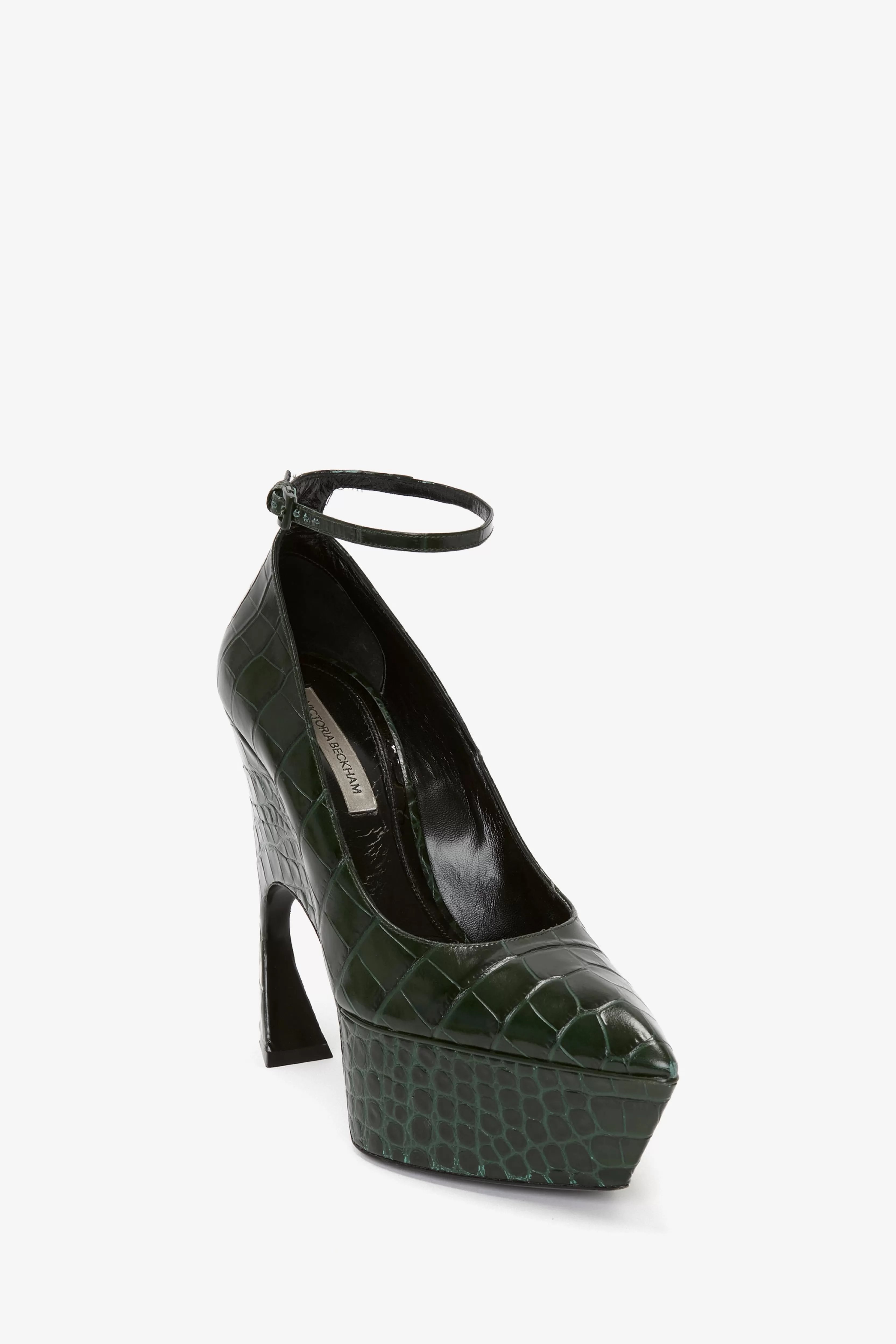 SHOES | ACCESSORIES Victoria Beckham Heels | Shoes | Ankle Strap Wedge Pump In Dark Green Croc-Effect Leather