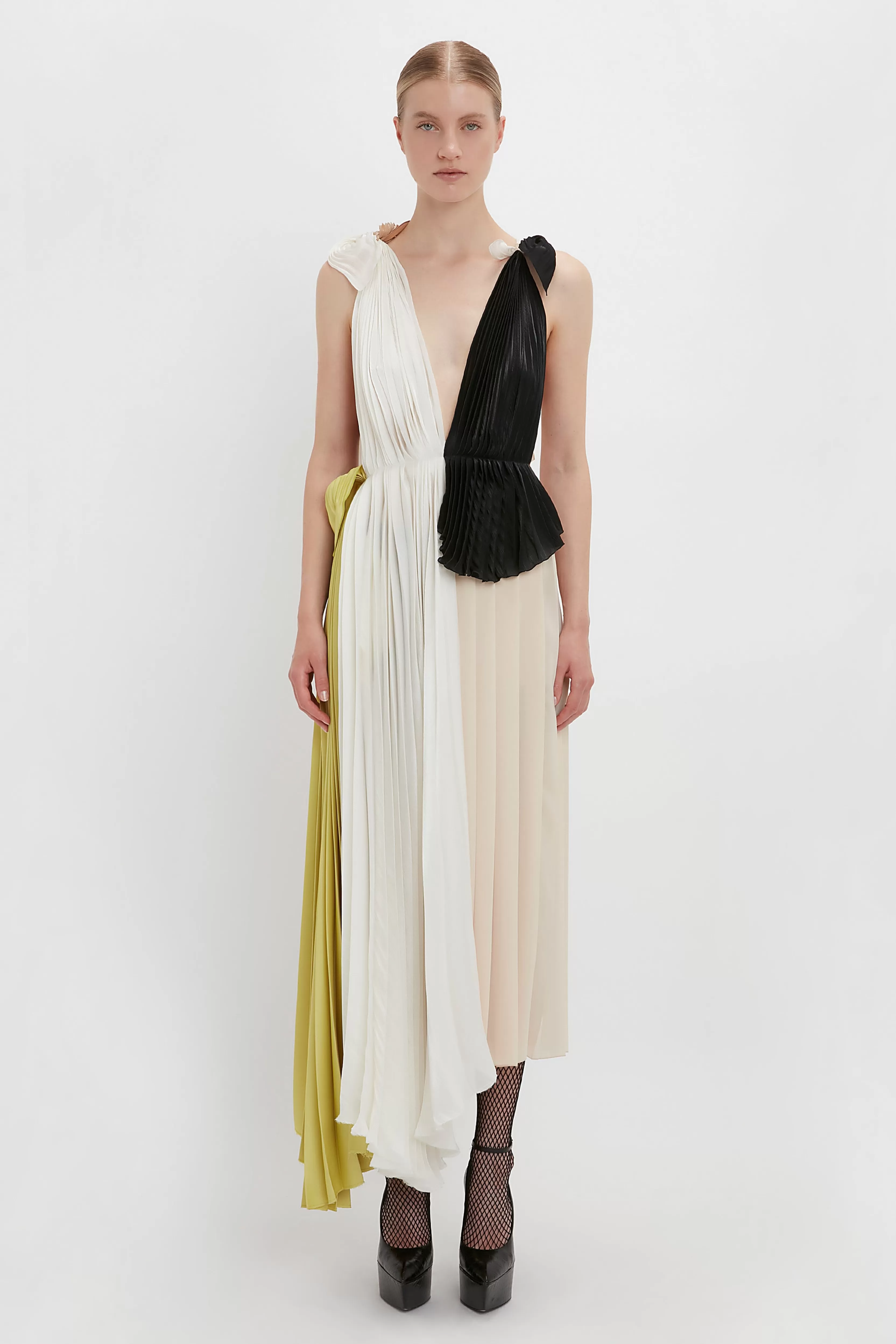 READY TO WEAR Victoria Beckham Sale | Asymmetric Pleated V-Neck Dress In Ivory-Multi