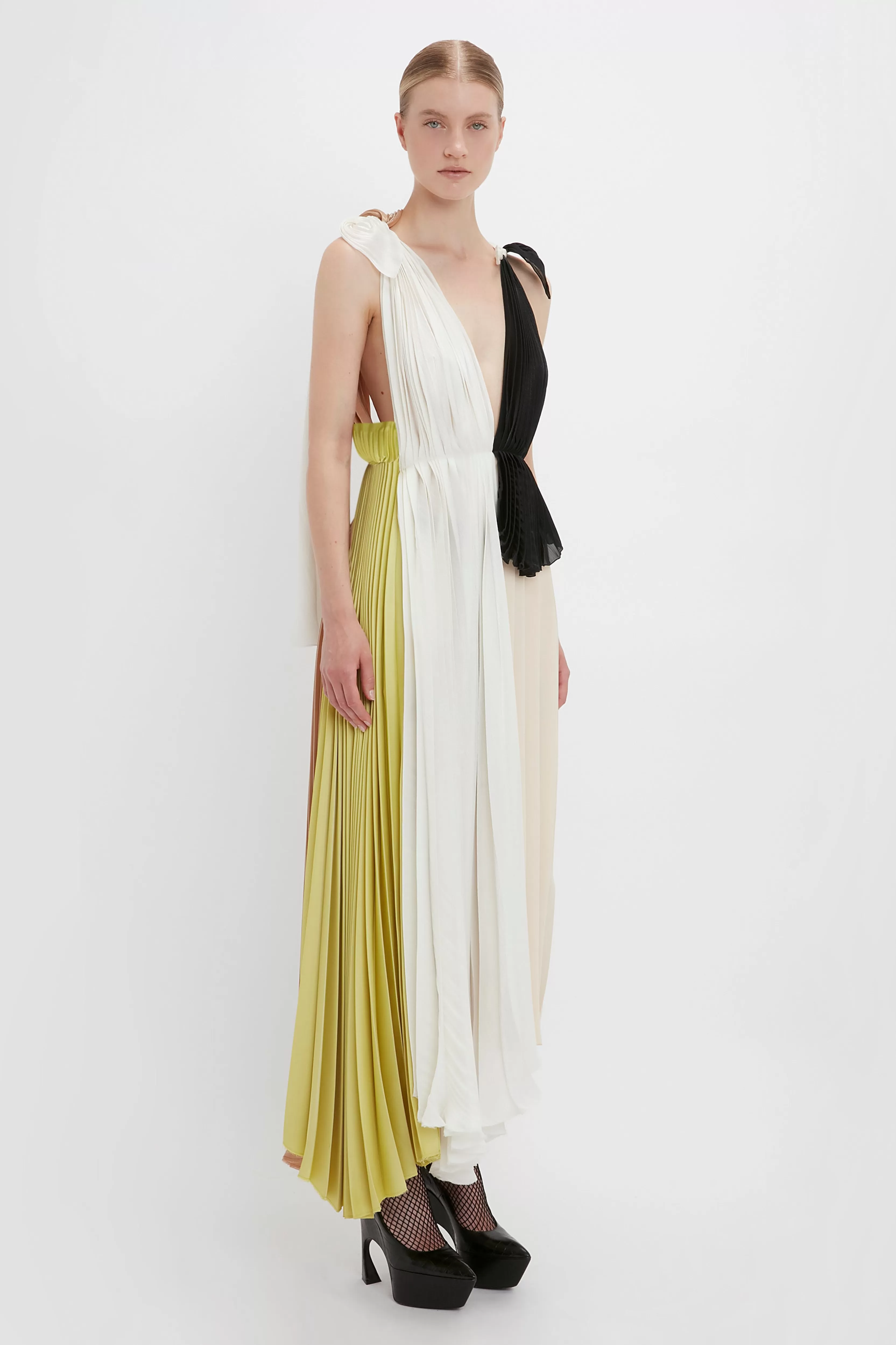 READY TO WEAR Victoria Beckham Sale | Asymmetric Pleated V-Neck Dress In Ivory-Multi