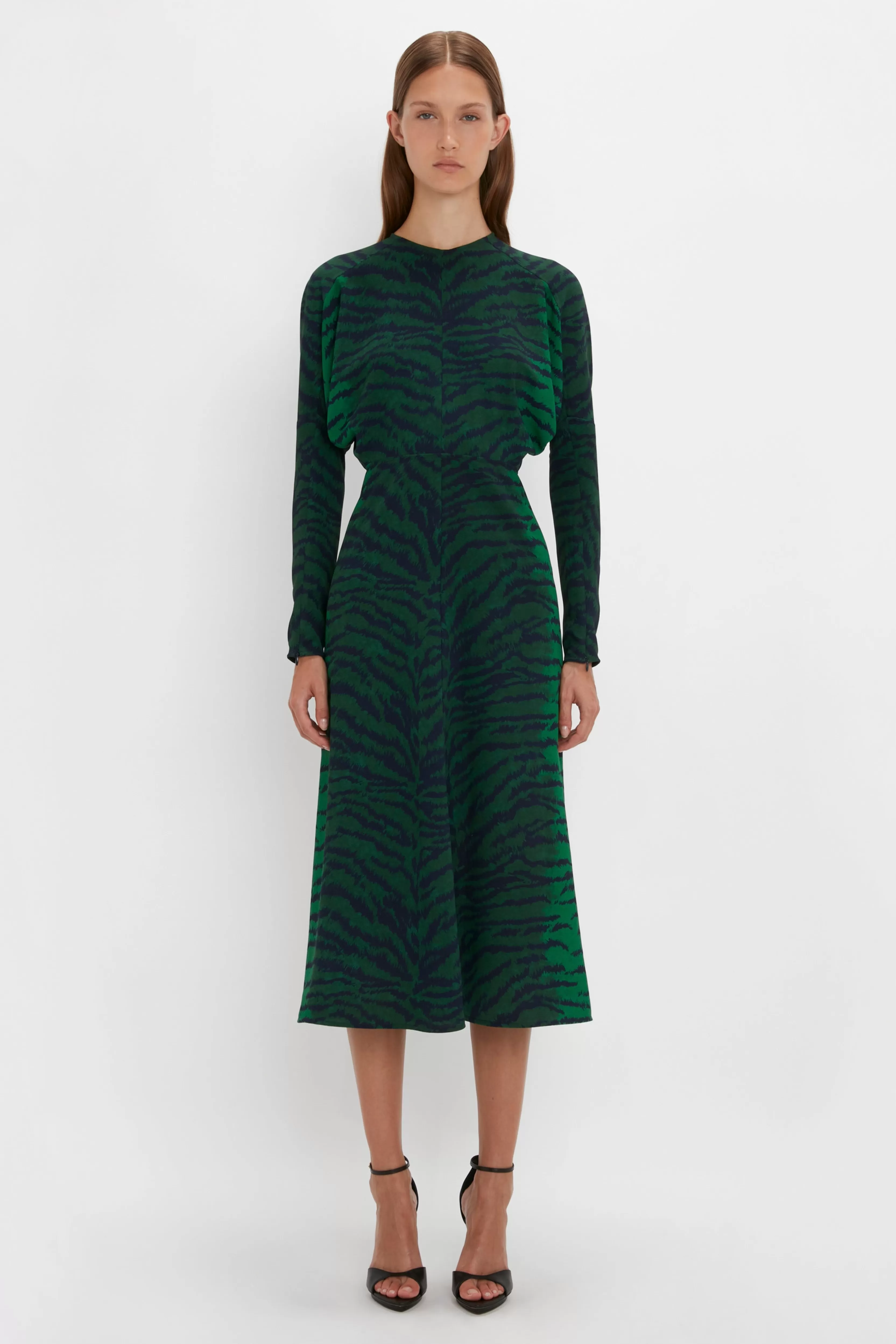 READY TO WEAR Victoria Beckham Pre Spring Summer 2024 | Dresses | Dolman Midi Dress In -Navy Tiger Print Green