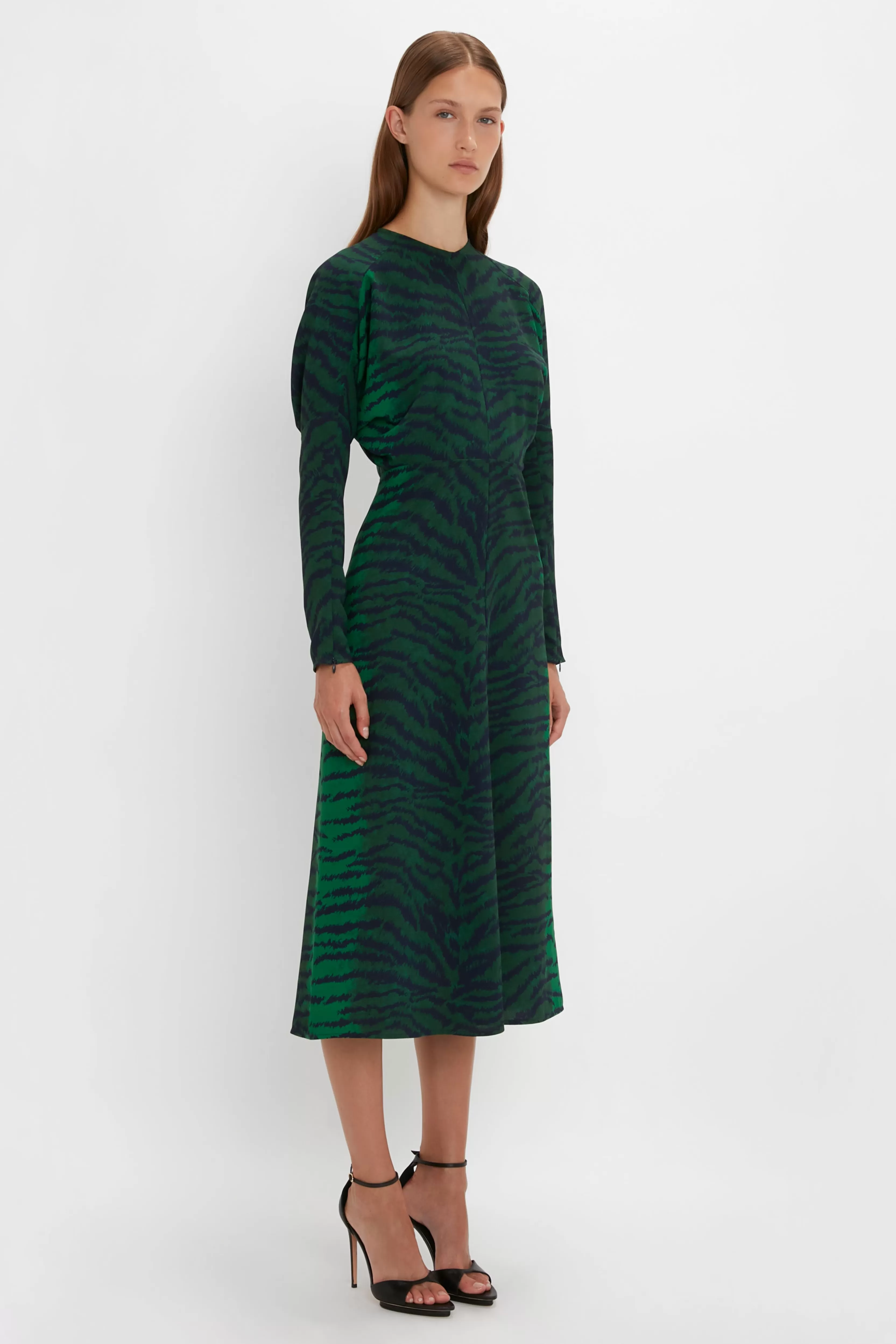 READY TO WEAR Victoria Beckham Pre Spring Summer 2024 | Dresses | Dolman Midi Dress In -Navy Tiger Print Green