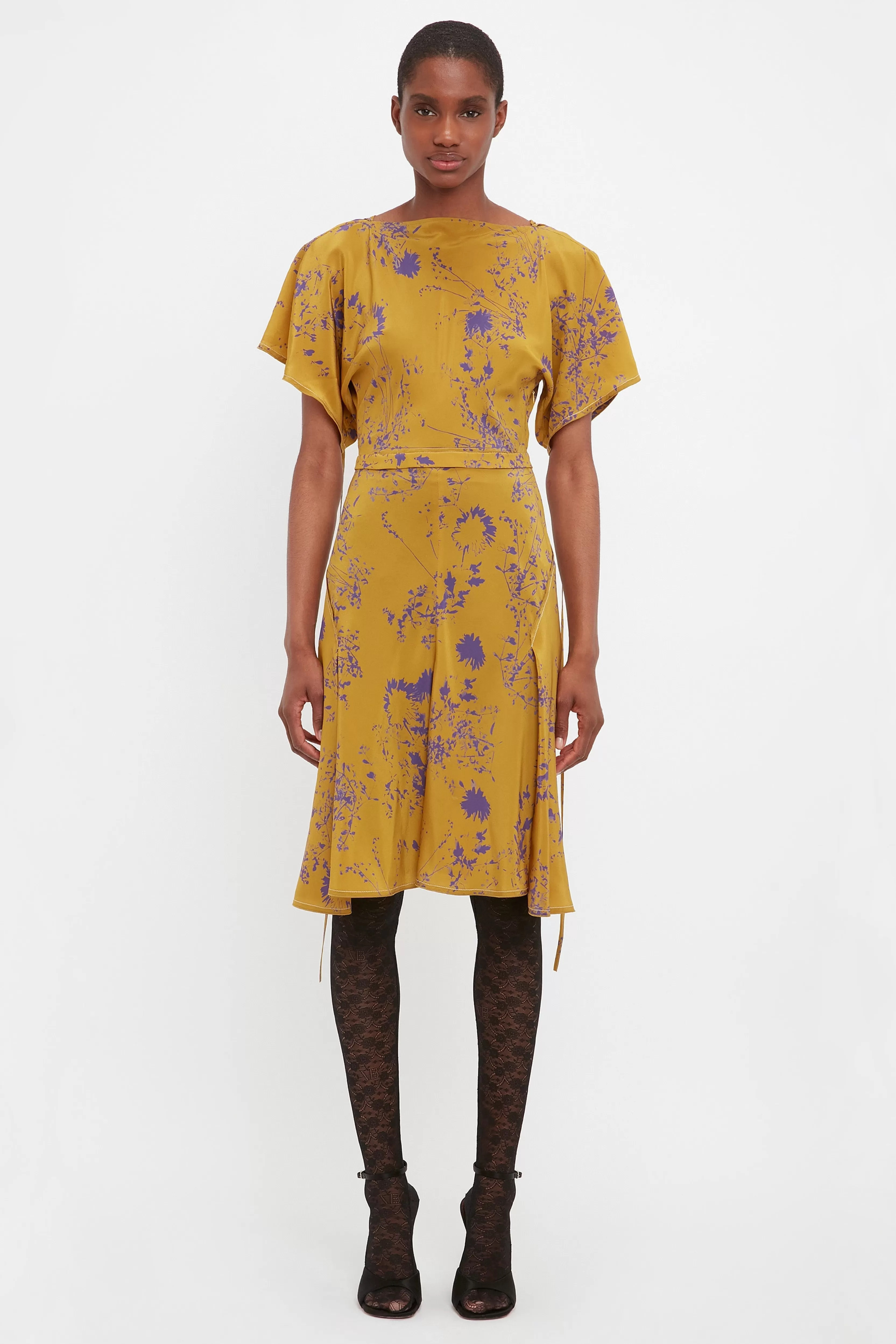 READY TO WEAR Victoria Beckham Sale | Draped Sleeve Dress In Yellow Ochre Multi