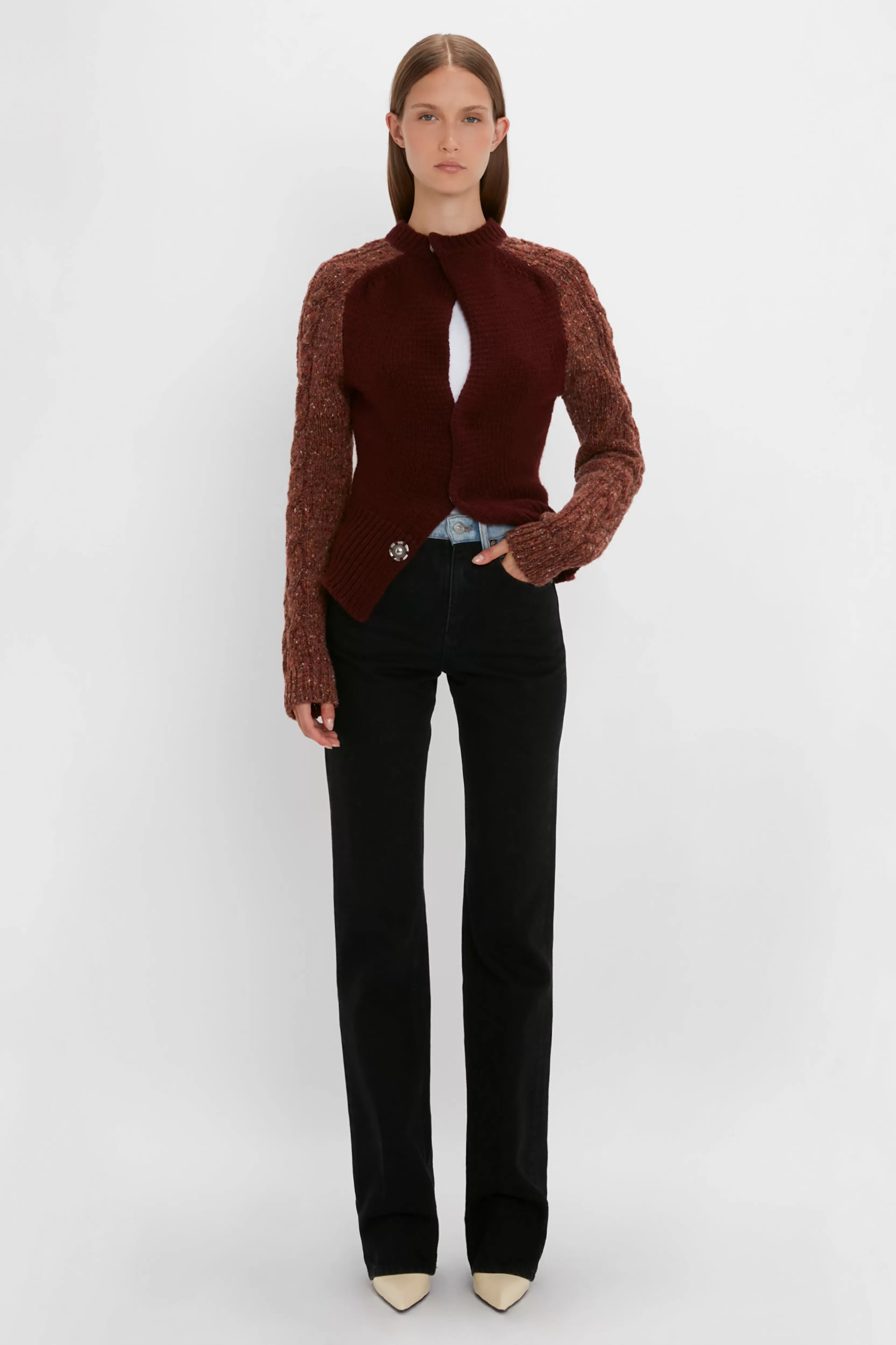 READY TO WEAR Victoria Beckham Exclusive To VB | Pre Spring Summer 2024 | Knitwear | Exclusive Contrast Sleeve Cardigan In Rust