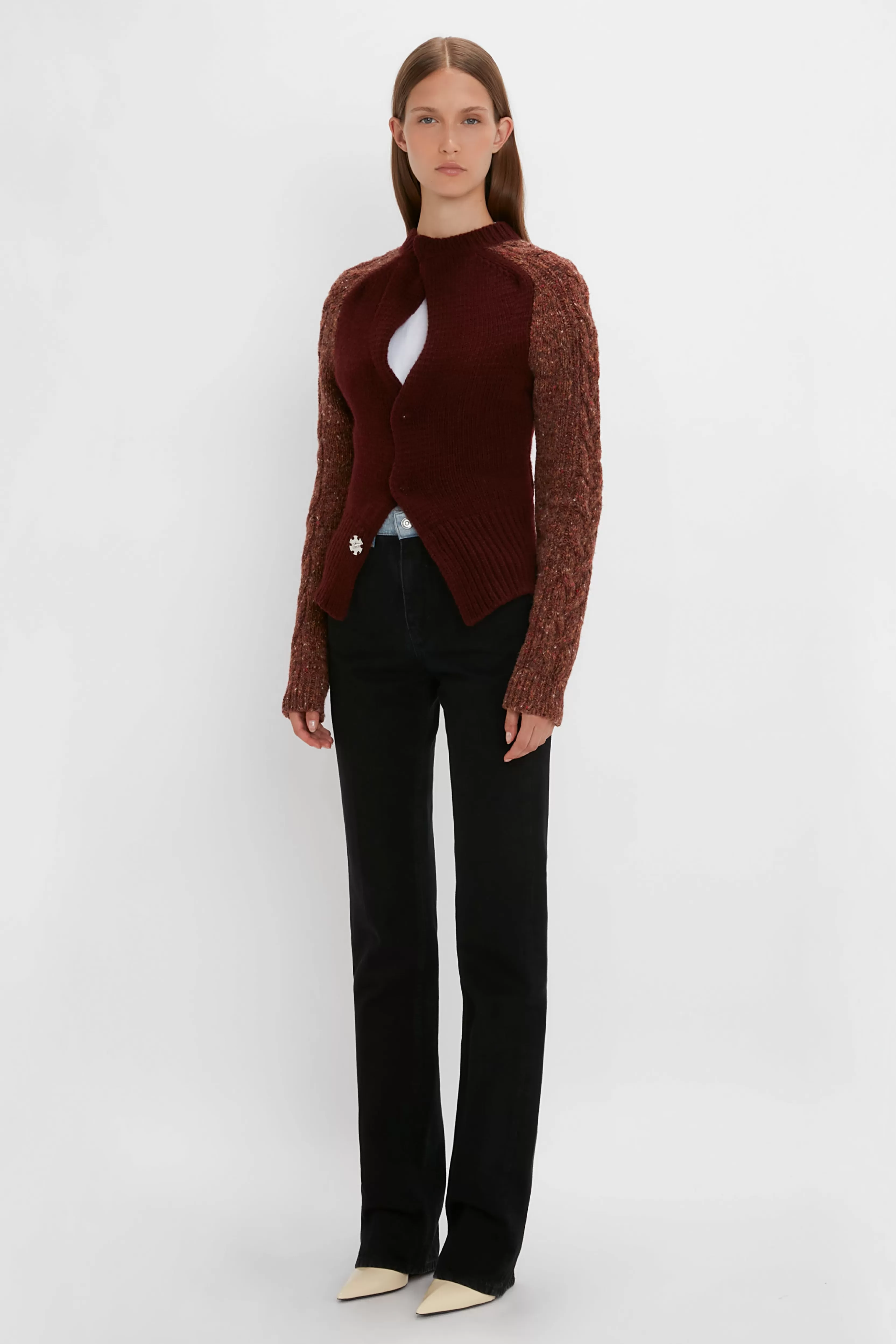 READY TO WEAR Victoria Beckham Exclusive To VB | Pre Spring Summer 2024 | Knitwear | Exclusive Contrast Sleeve Cardigan In Rust