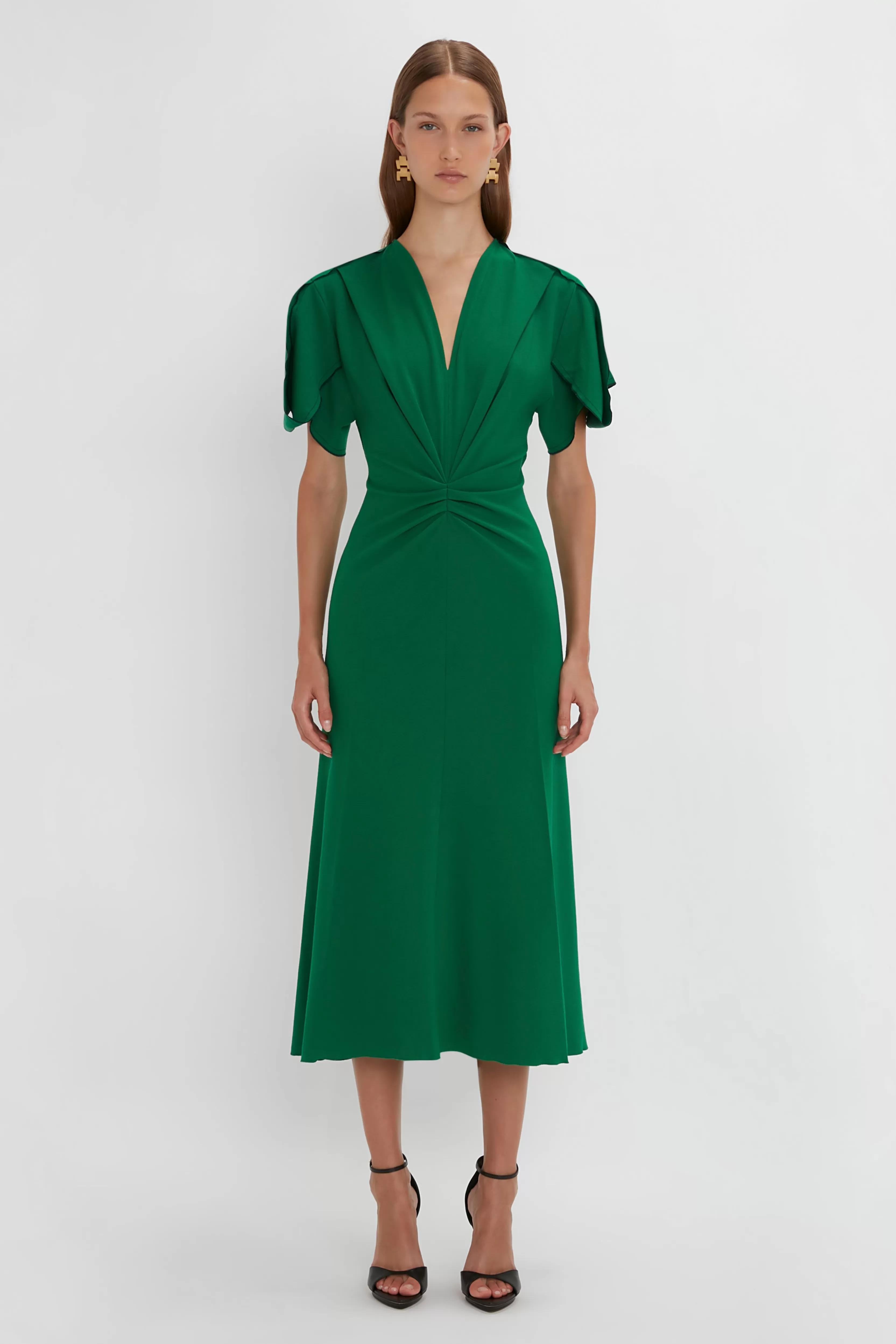 READY TO WEAR Victoria Beckham Occasionwear Edit | Pre Spring Summer 2024 | Dresses | Gathered V-Neck Midi Dress in Emerald Green