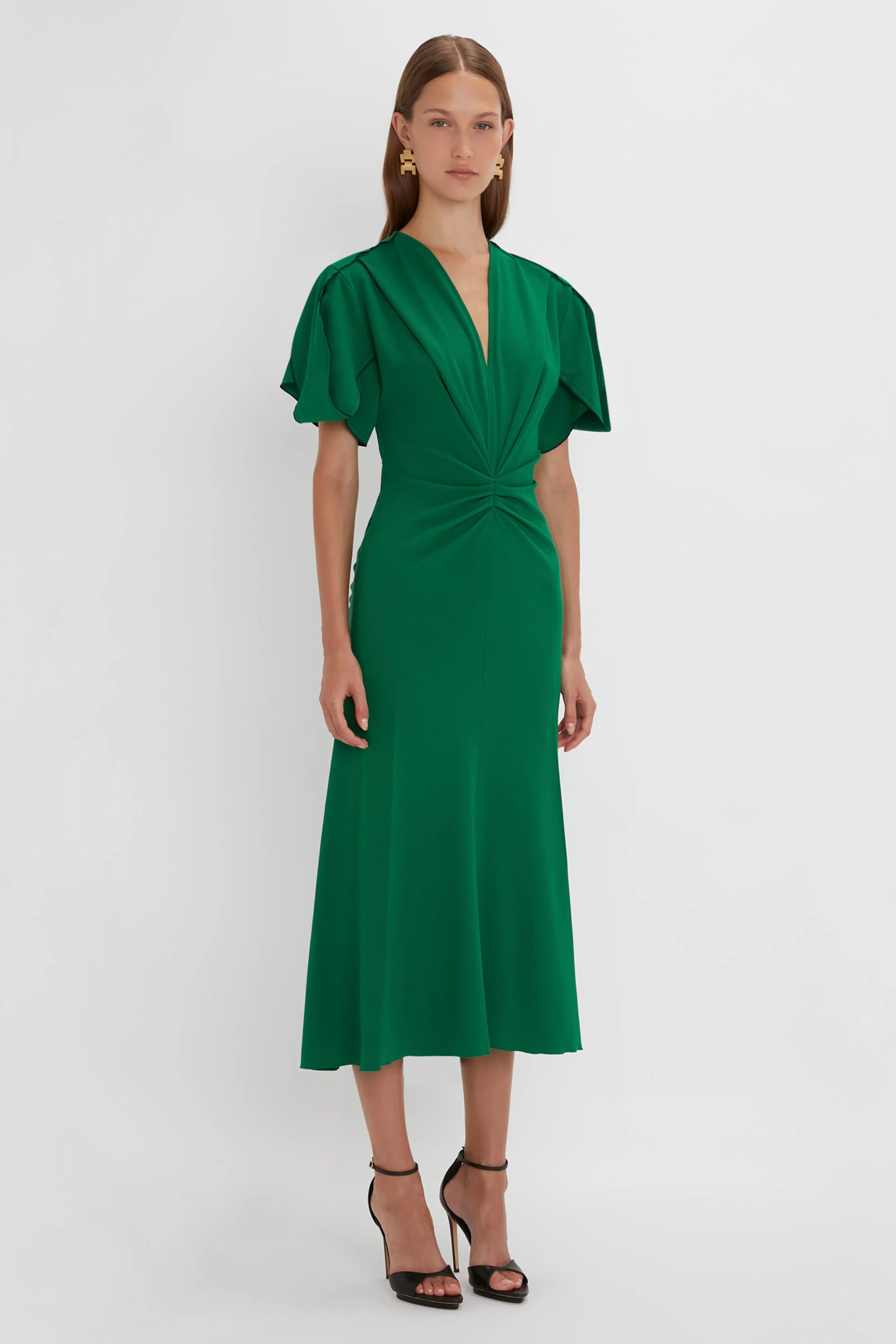 READY TO WEAR Victoria Beckham Occasionwear Edit | Pre Spring Summer 2024 | Dresses | Gathered V-Neck Midi Dress in Emerald Green