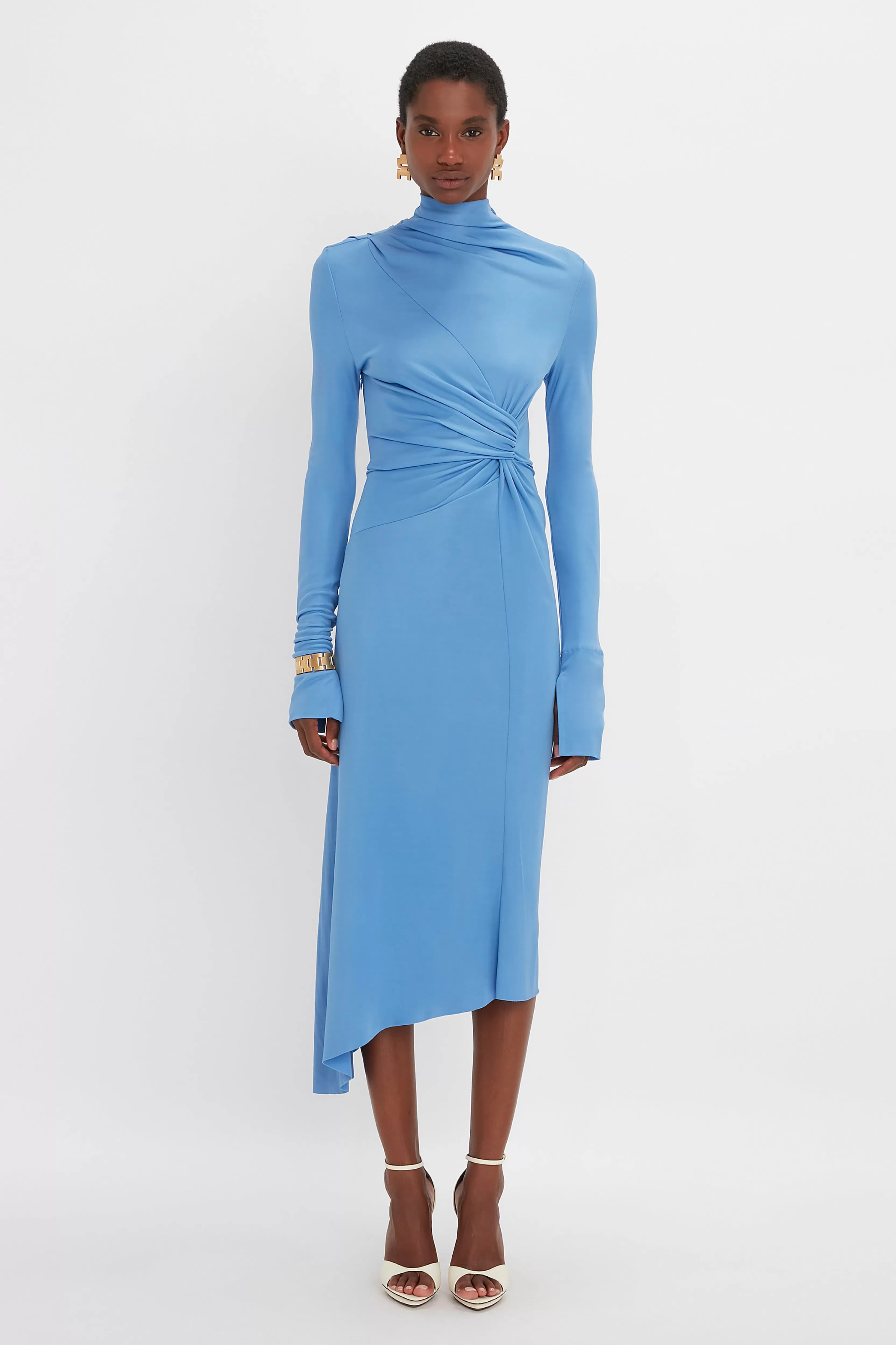 READY TO WEAR Victoria Beckham Occasionwear Edit | Pre Spring Summer 2024 | Dresses | High Neck Asymmetric Draped Dress In Oxford Blue