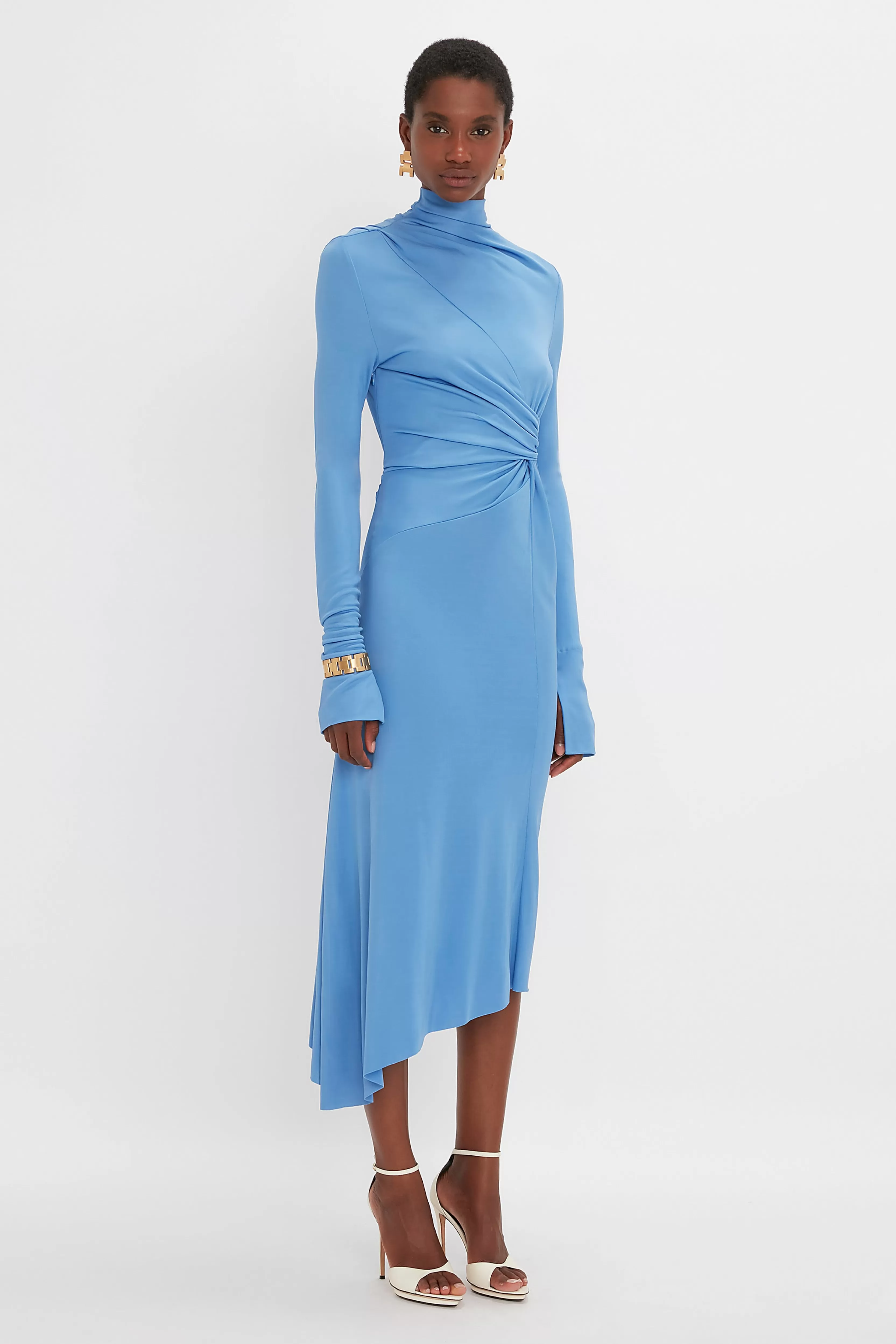 READY TO WEAR Victoria Beckham Occasionwear Edit | Pre Spring Summer 2024 | Dresses | High Neck Asymmetric Draped Dress In Oxford Blue