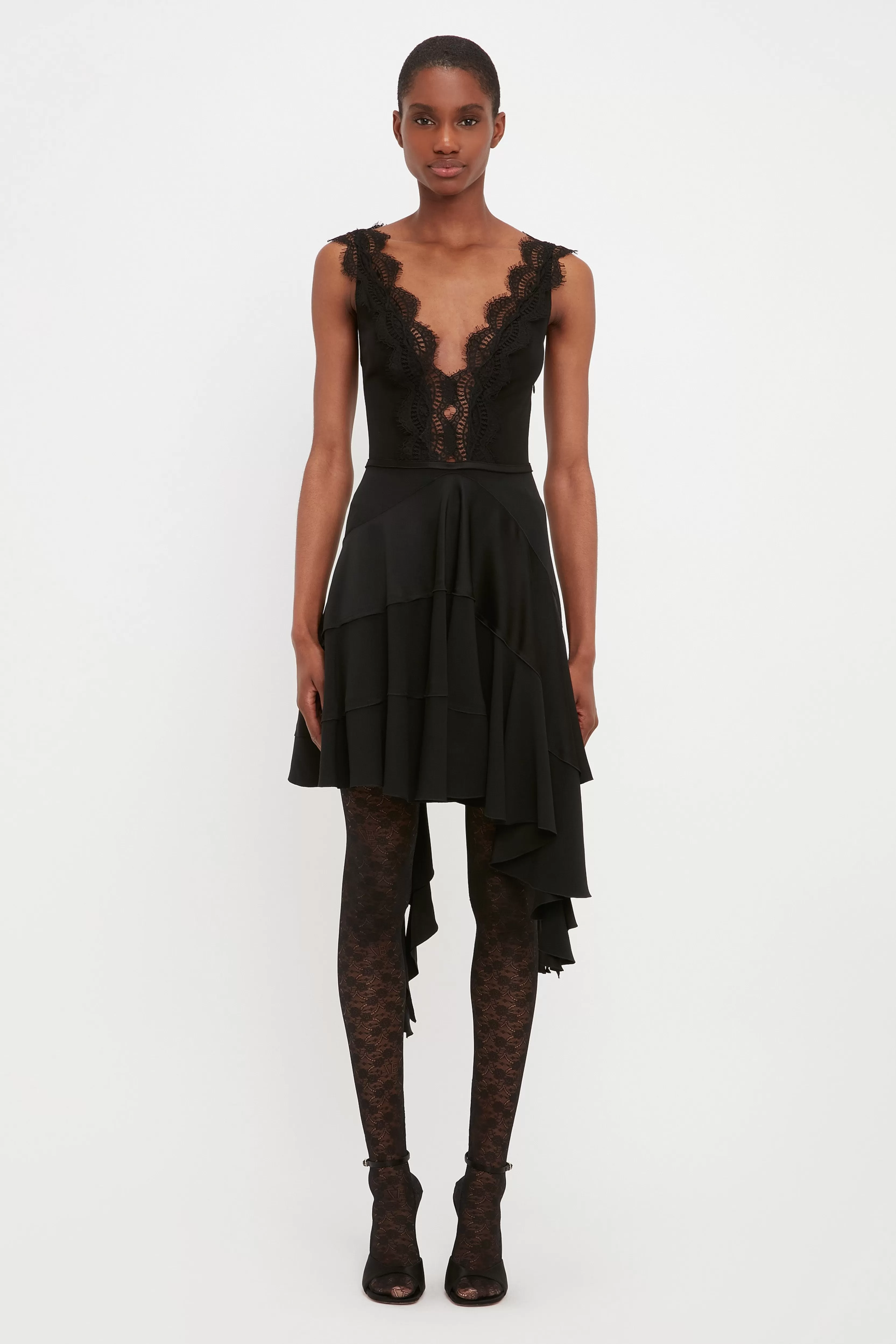 READY TO WEAR Victoria Beckham Sale | Lace Detail Ruffle Mini Dress In Black