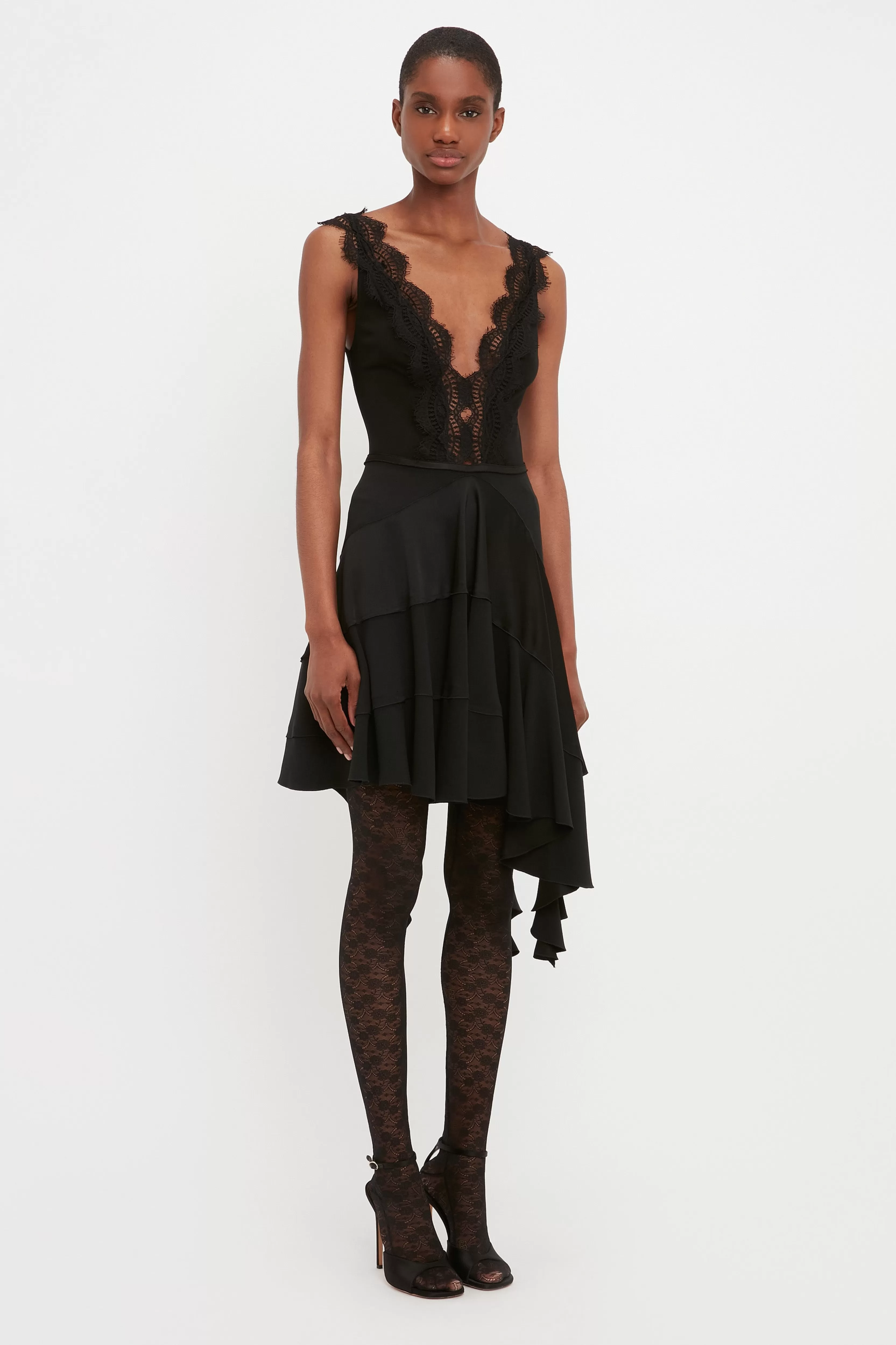 READY TO WEAR Victoria Beckham Sale | Lace Detail Ruffle Mini Dress In Black