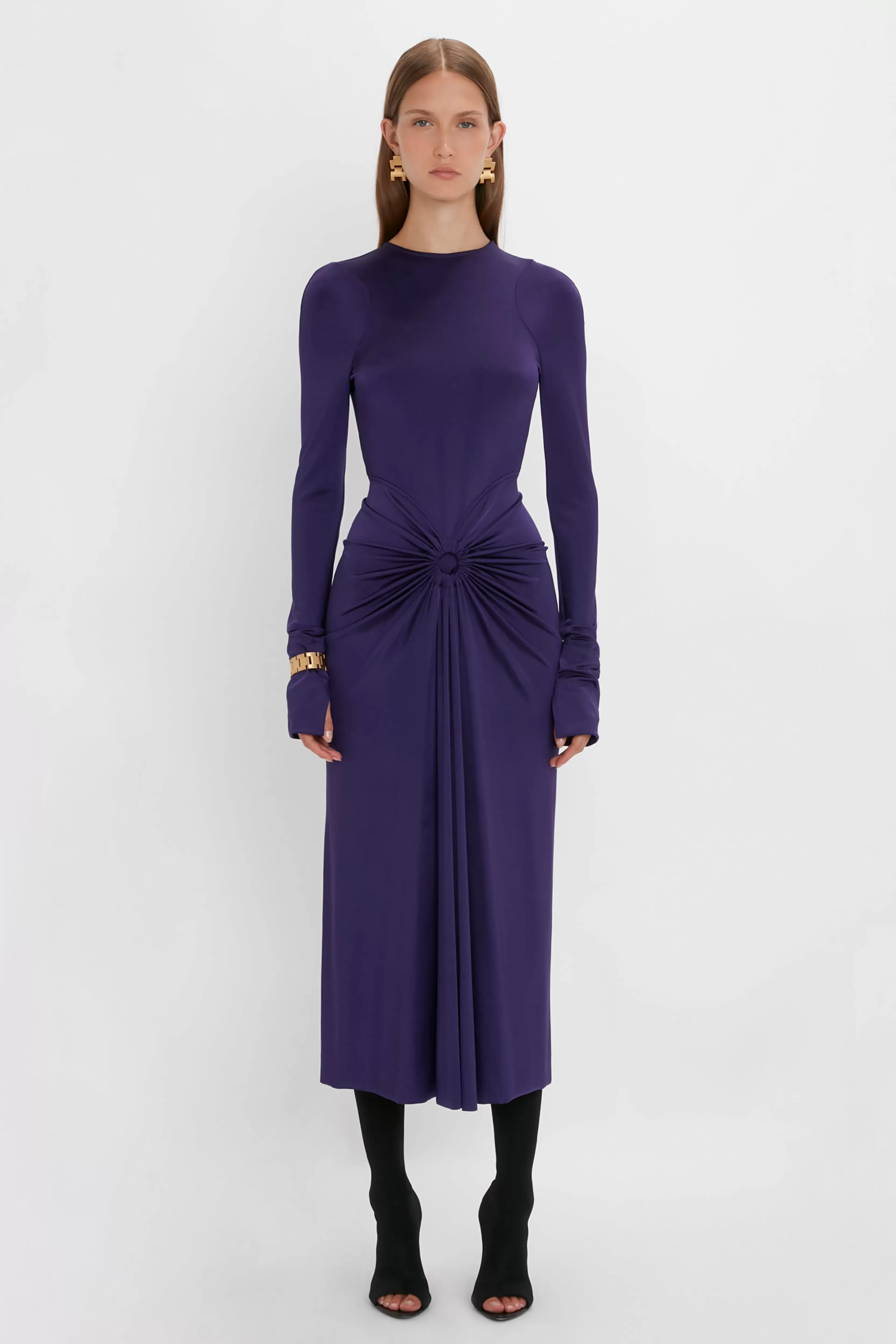 READY TO WEAR | VALENTINE'S DAY Victoria Beckham Occasionwear Edit | Pre Spring Summer 2024 | Dresses | Eveningwear | Long Sleeve Gathered Midi Dress In Ultraviolet