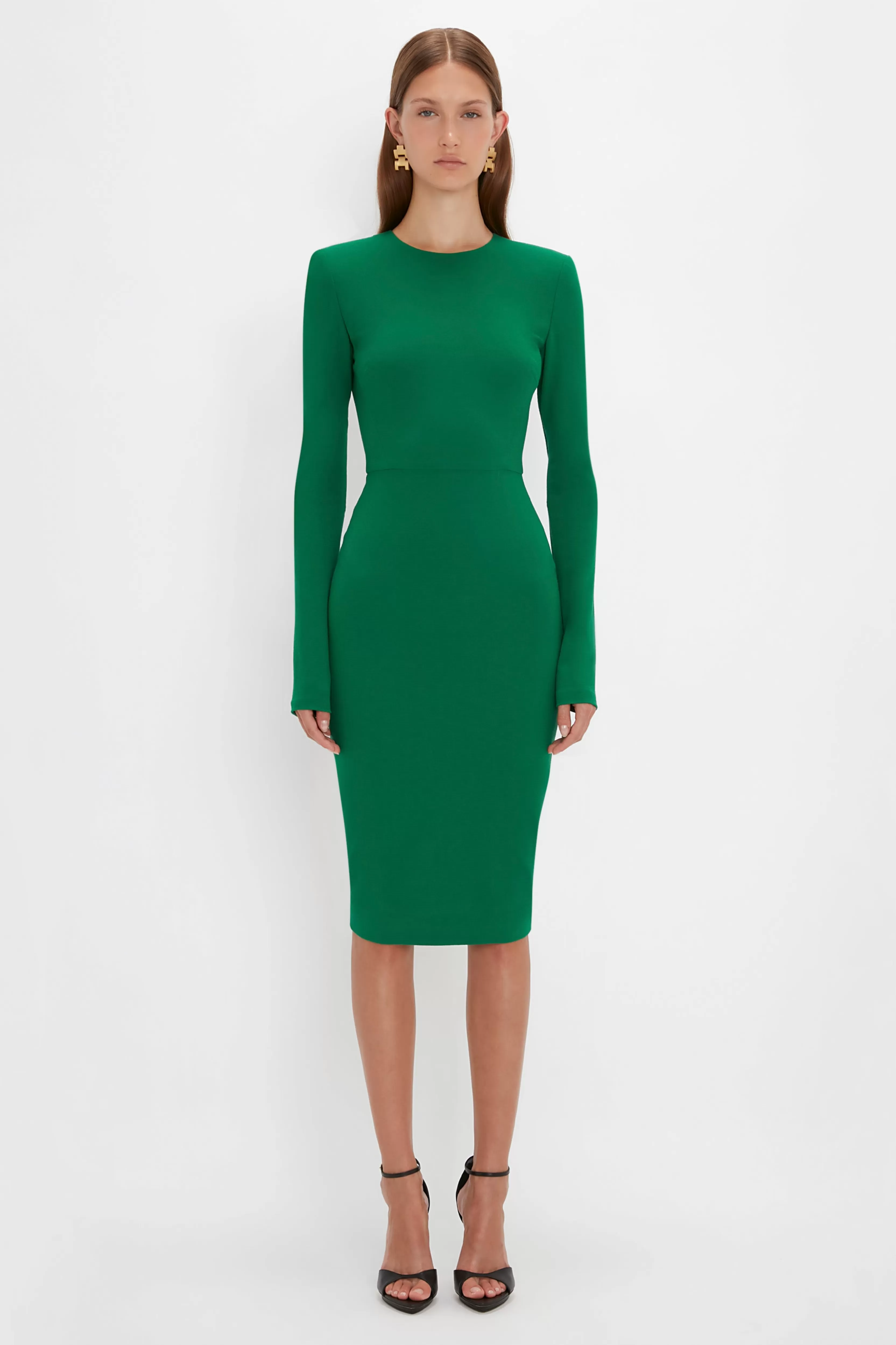 READY TO WEAR | VALENTINE'S DAY Victoria Beckham Pre Spring Summer 2024 | Dresses | Eveningwear | Long Sleeve T-Shirt Fitted Dress in Emerald Green