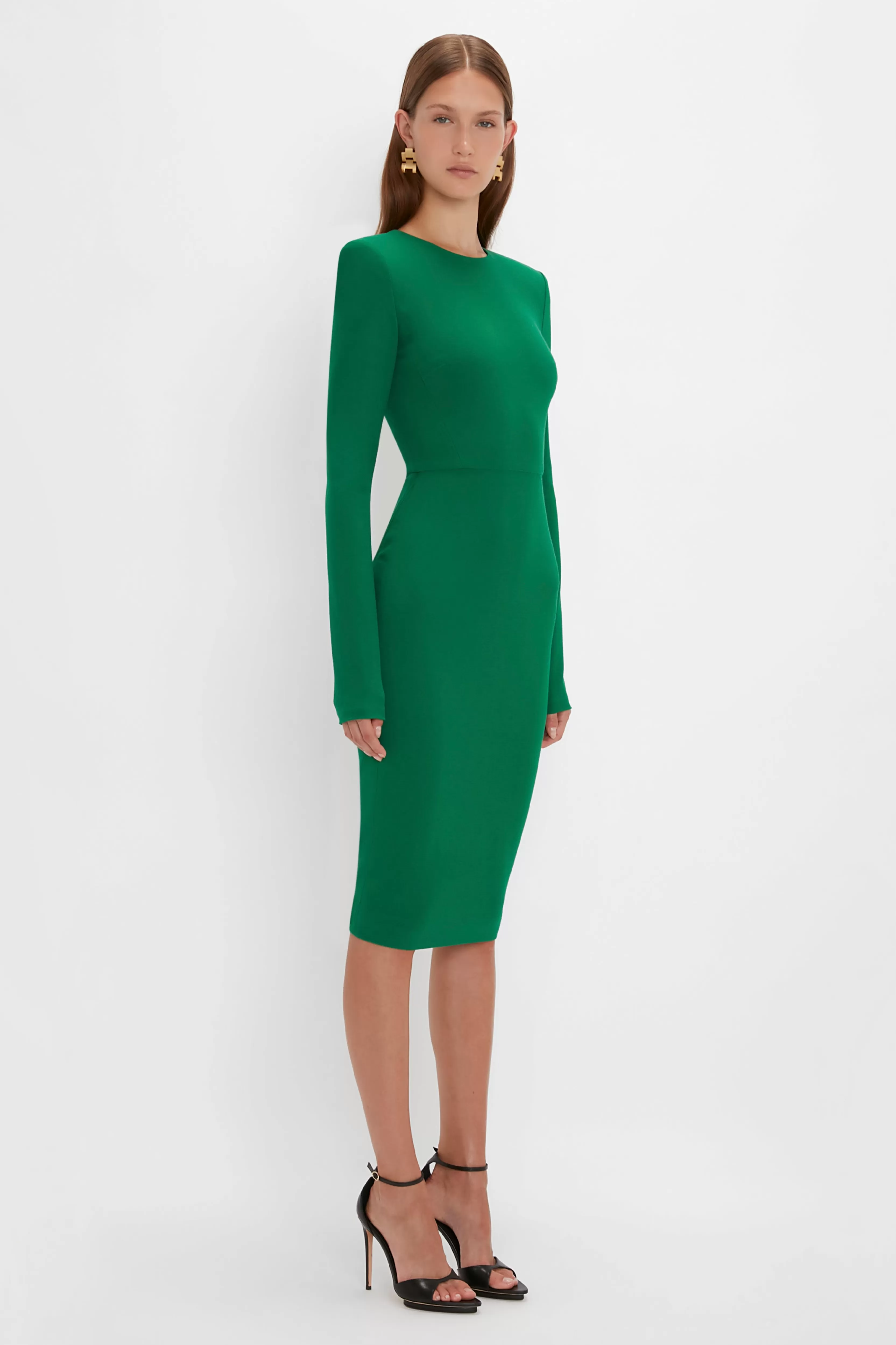 READY TO WEAR | VALENTINE'S DAY Victoria Beckham Pre Spring Summer 2024 | Dresses | Eveningwear | Long Sleeve T-Shirt Fitted Dress in Emerald Green