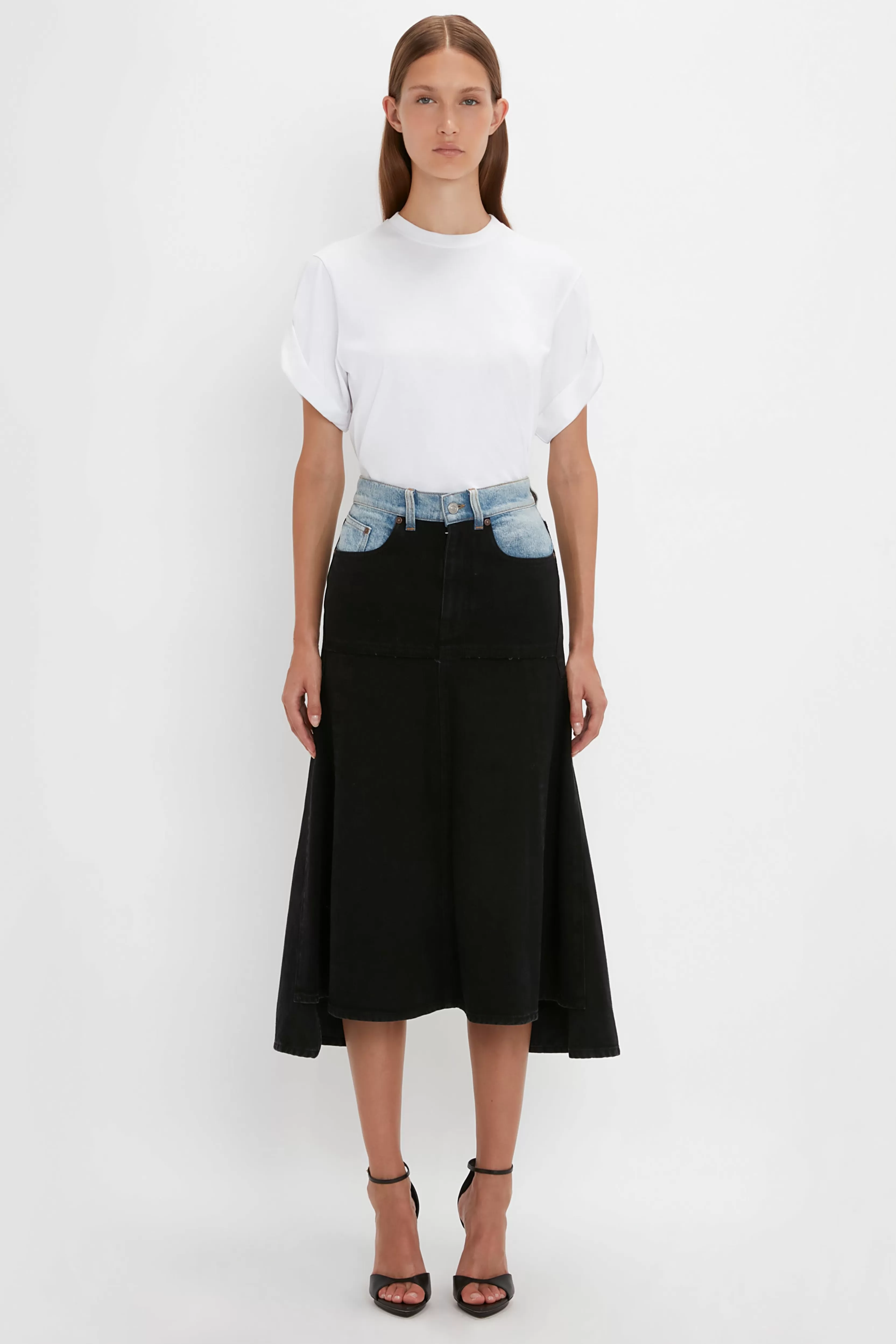 READY TO WEAR Victoria Beckham Pre Spring Summer 2024 | Denim | Skirts | Patched Denim Skirt In Contrast Wash Blue