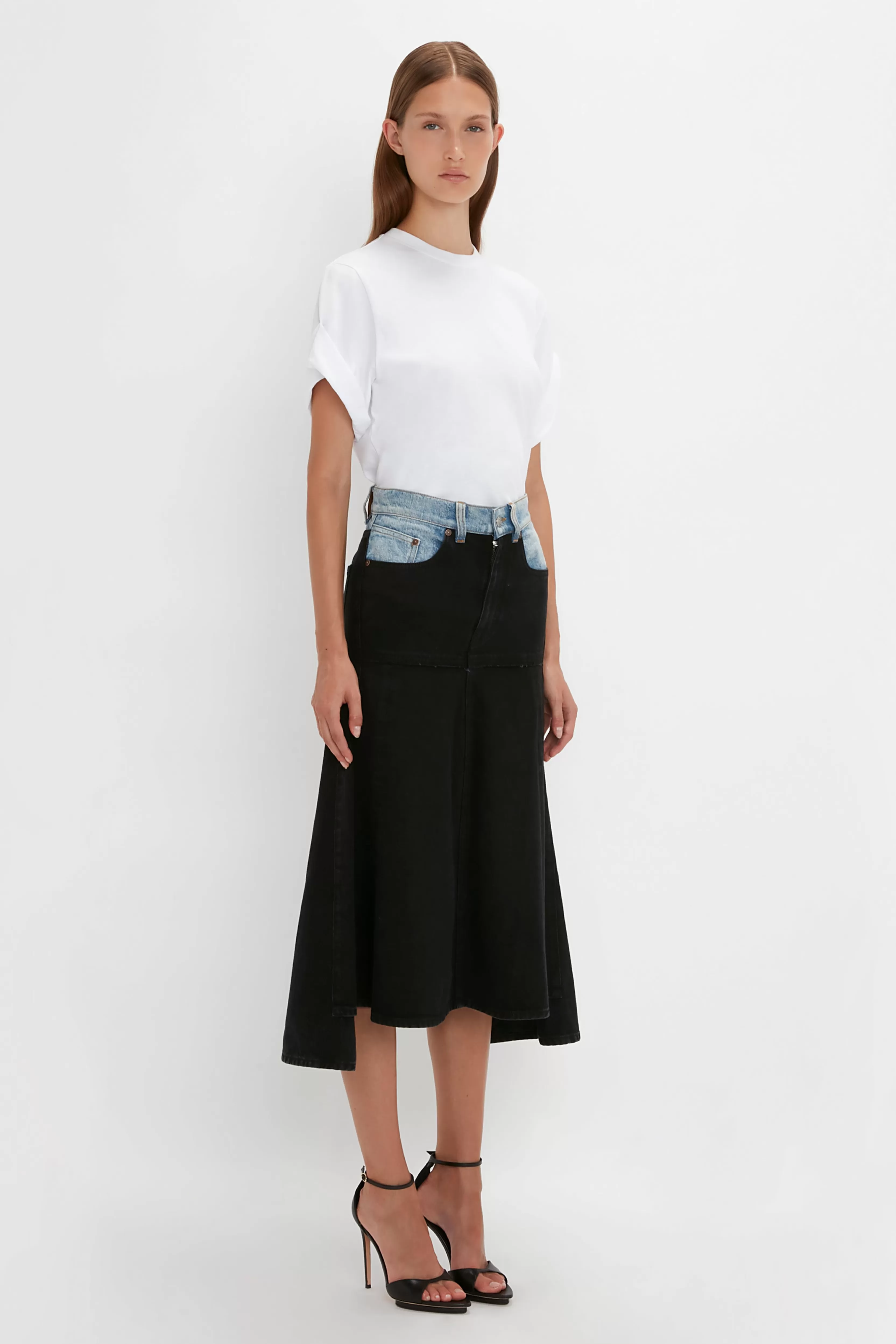 READY TO WEAR Victoria Beckham Pre Spring Summer 2024 | Denim | Skirts | Patched Denim Skirt In Contrast Wash Blue