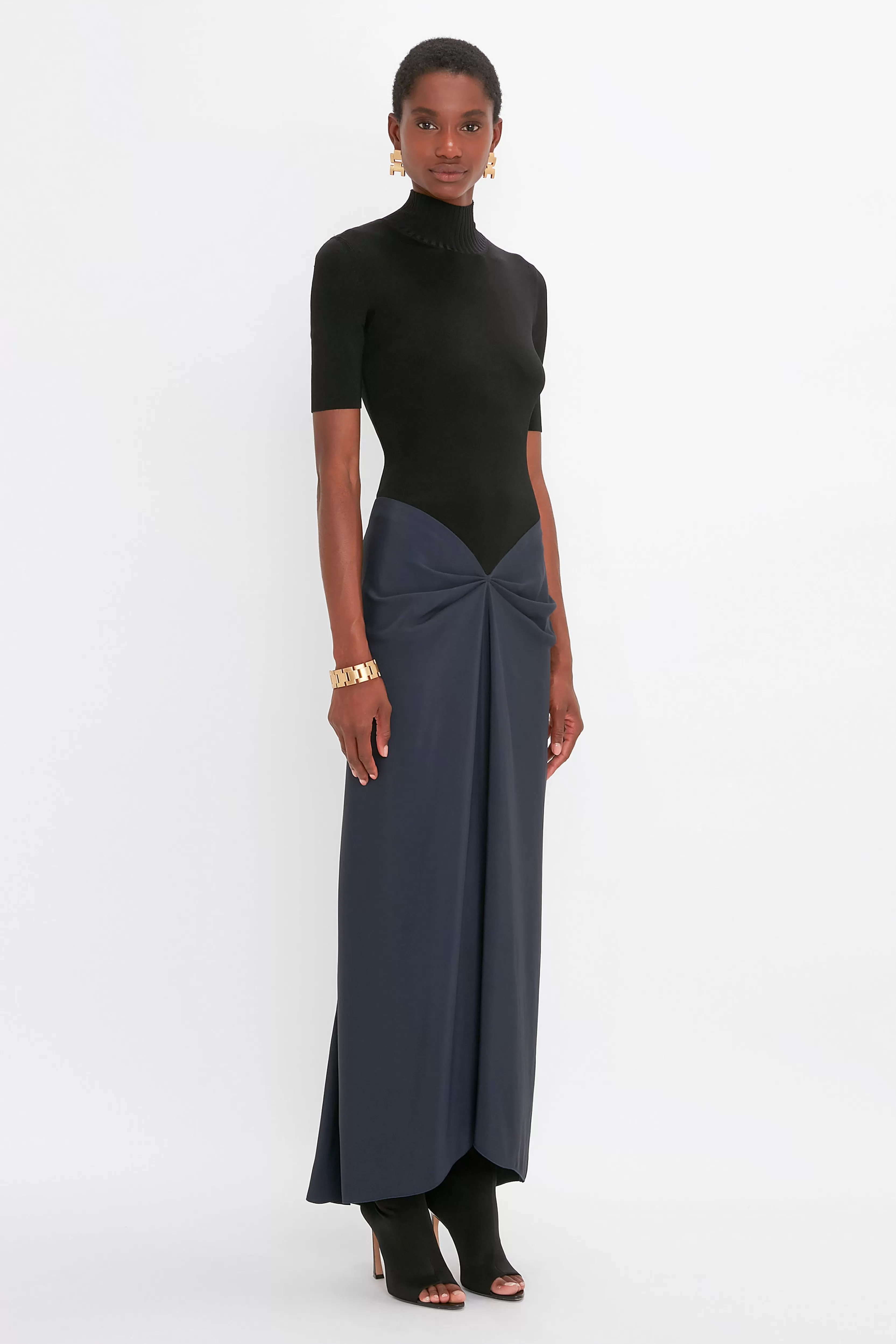 READY TO WEAR Victoria Beckham Pre Spring Summer 2024 | Dresses | Polo Neck Gathered Dress In Midnight