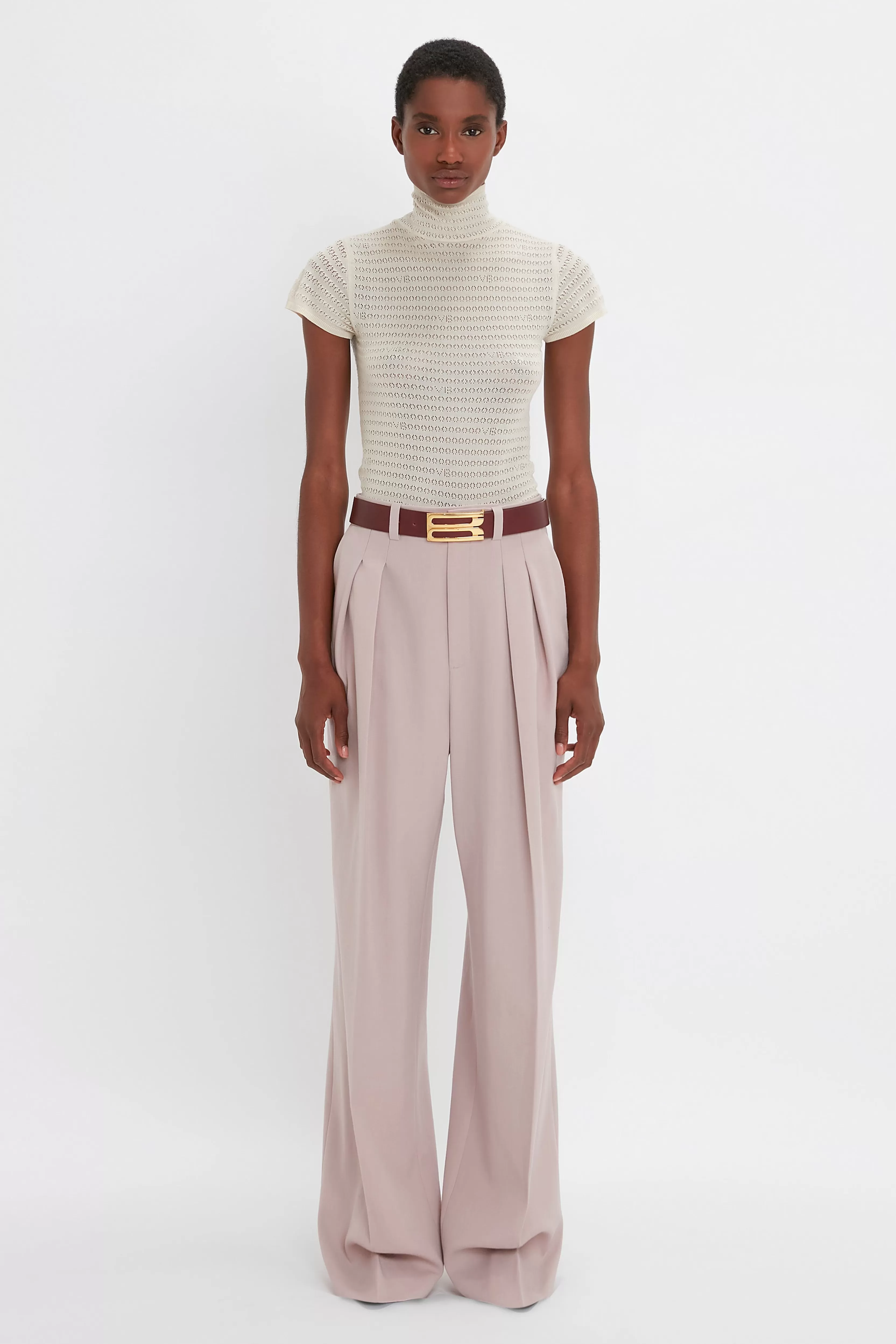 READY TO WEAR Victoria Beckham Pre Spring Summer 2024 | Knitwear | Polo Neck Knitted T-Shirt In Cream