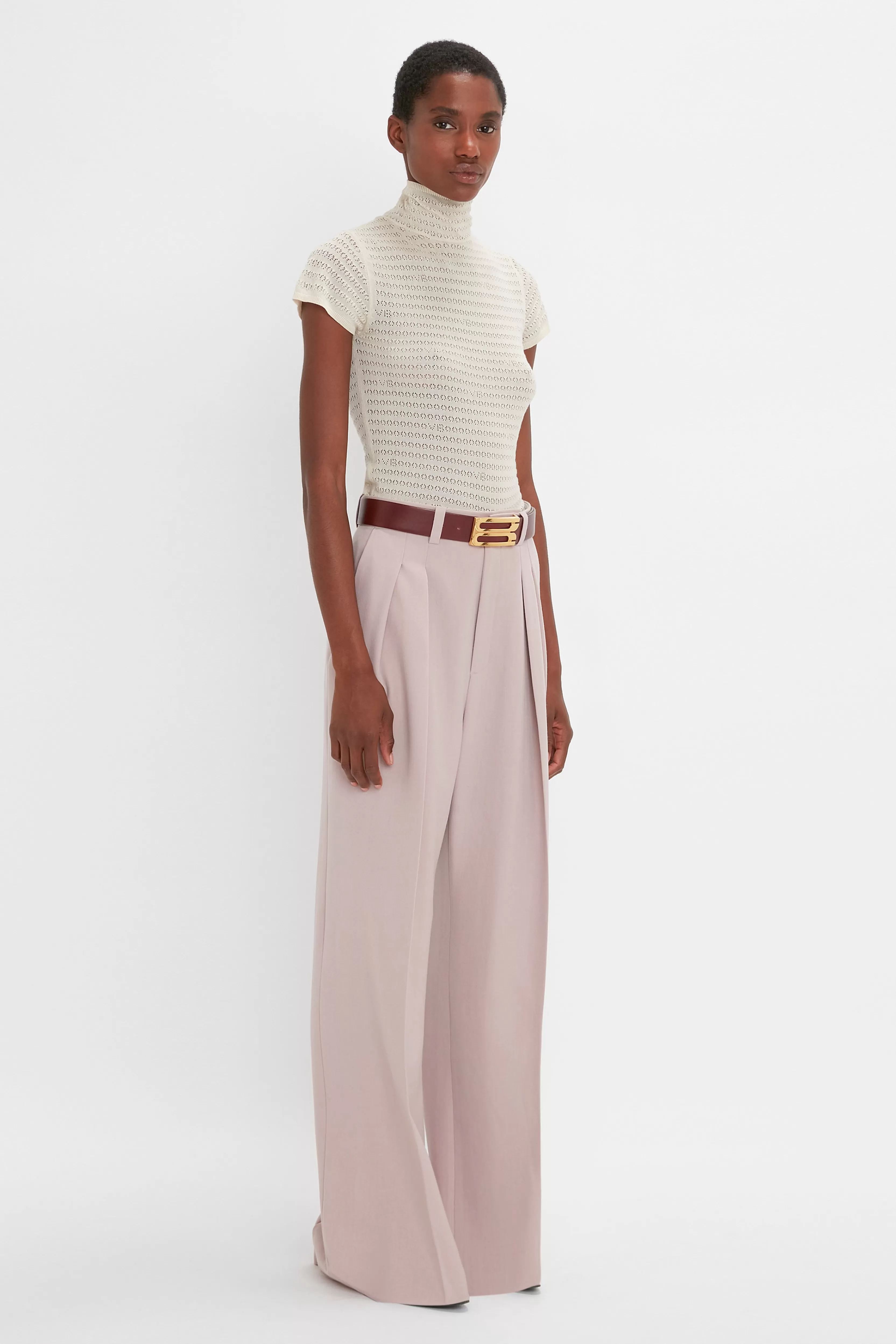 READY TO WEAR Victoria Beckham Pre Spring Summer 2024 | Knitwear | Polo Neck Knitted T-Shirt In Cream