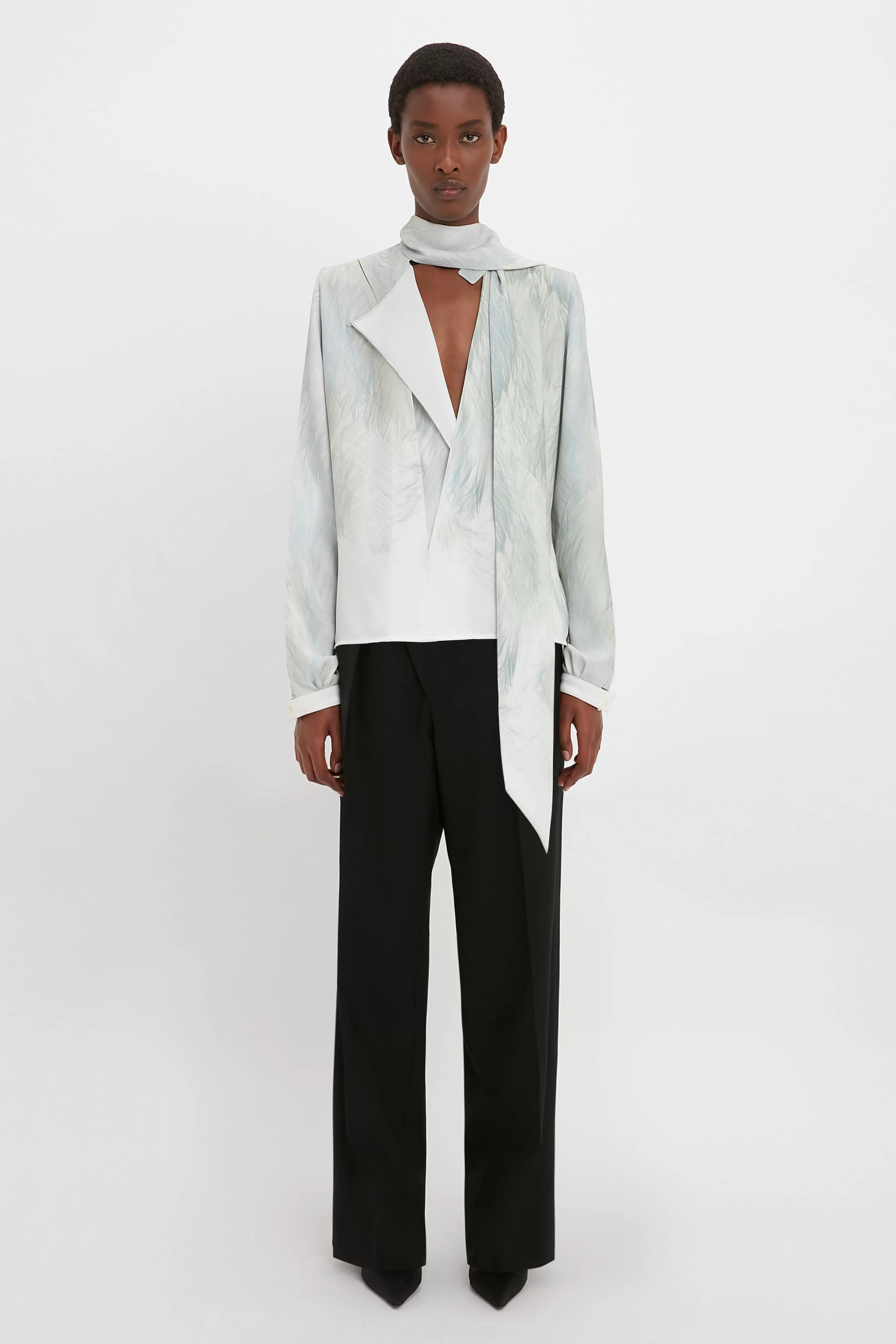 READY TO WEAR Victoria Beckham Sale | Scarf Neck Blouse In Digital Feather Print White