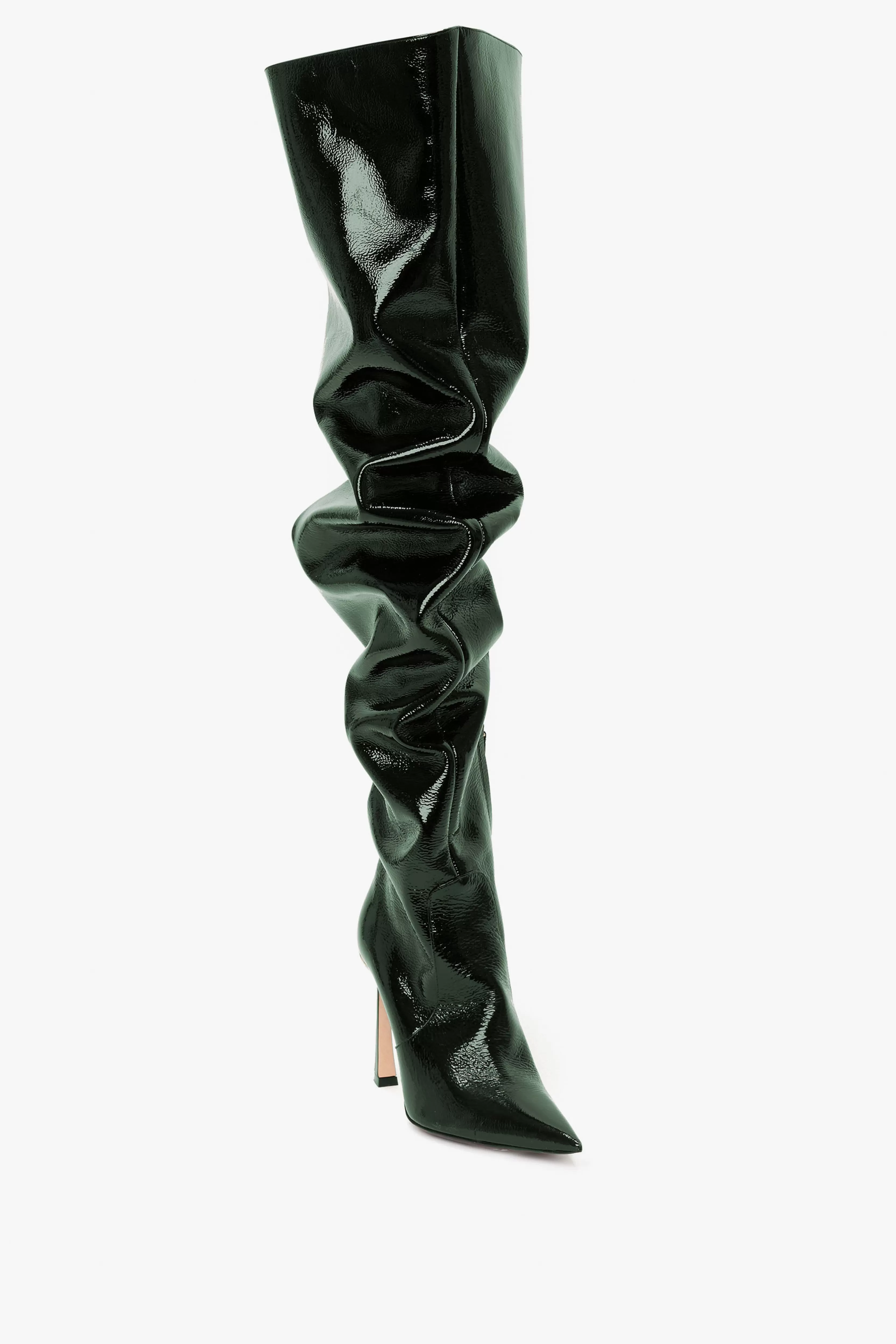 ACCESSORIES | SHOES Victoria Beckham Shoes | Boots | Thigh High Pointy Boot in Dark Green Grained Patent