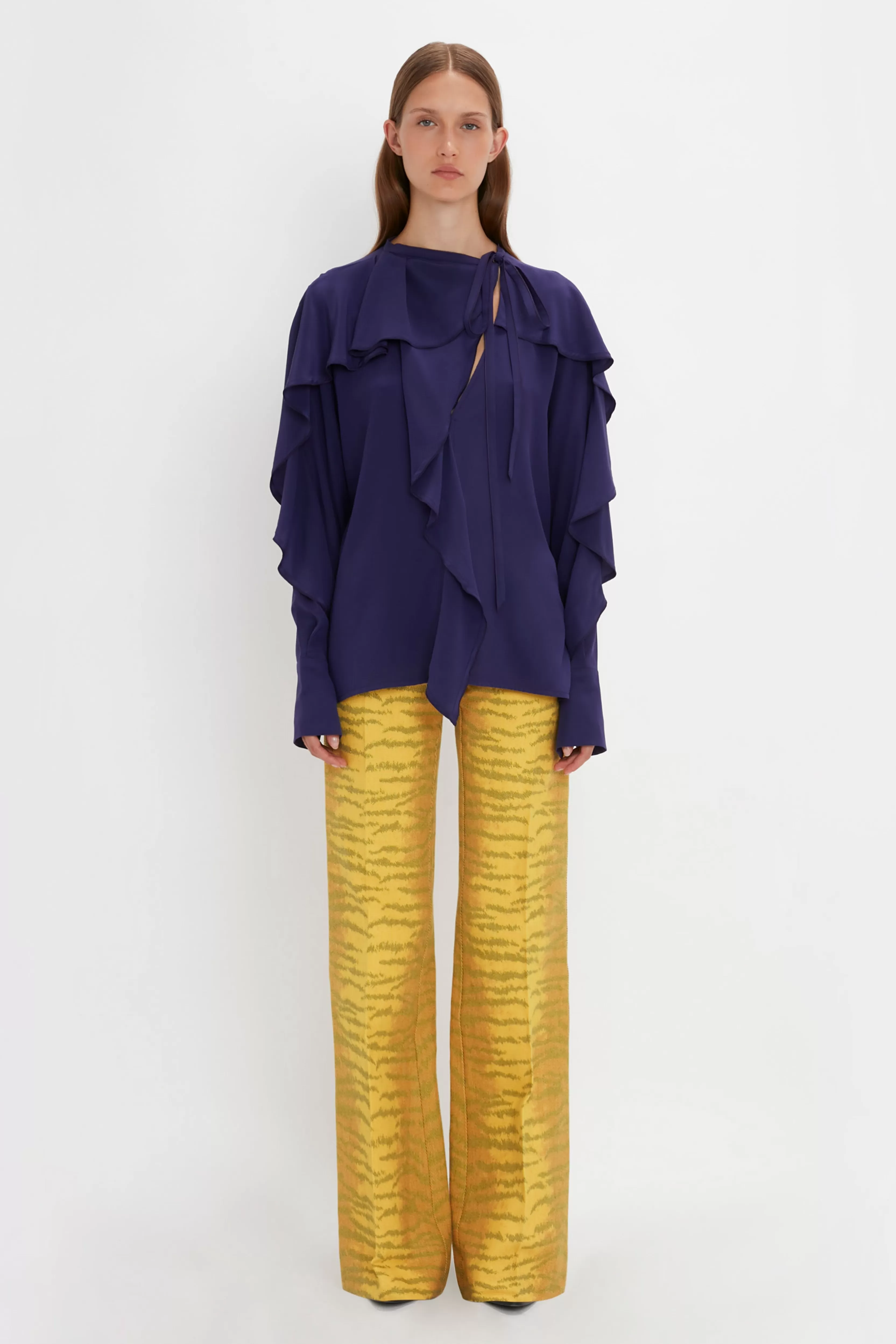 READY TO WEAR Victoria Beckham Pre Spring Summer 2024 | Shirts & Tops | Tie Detail Ruffle Blouse In Ultraviolet Purple