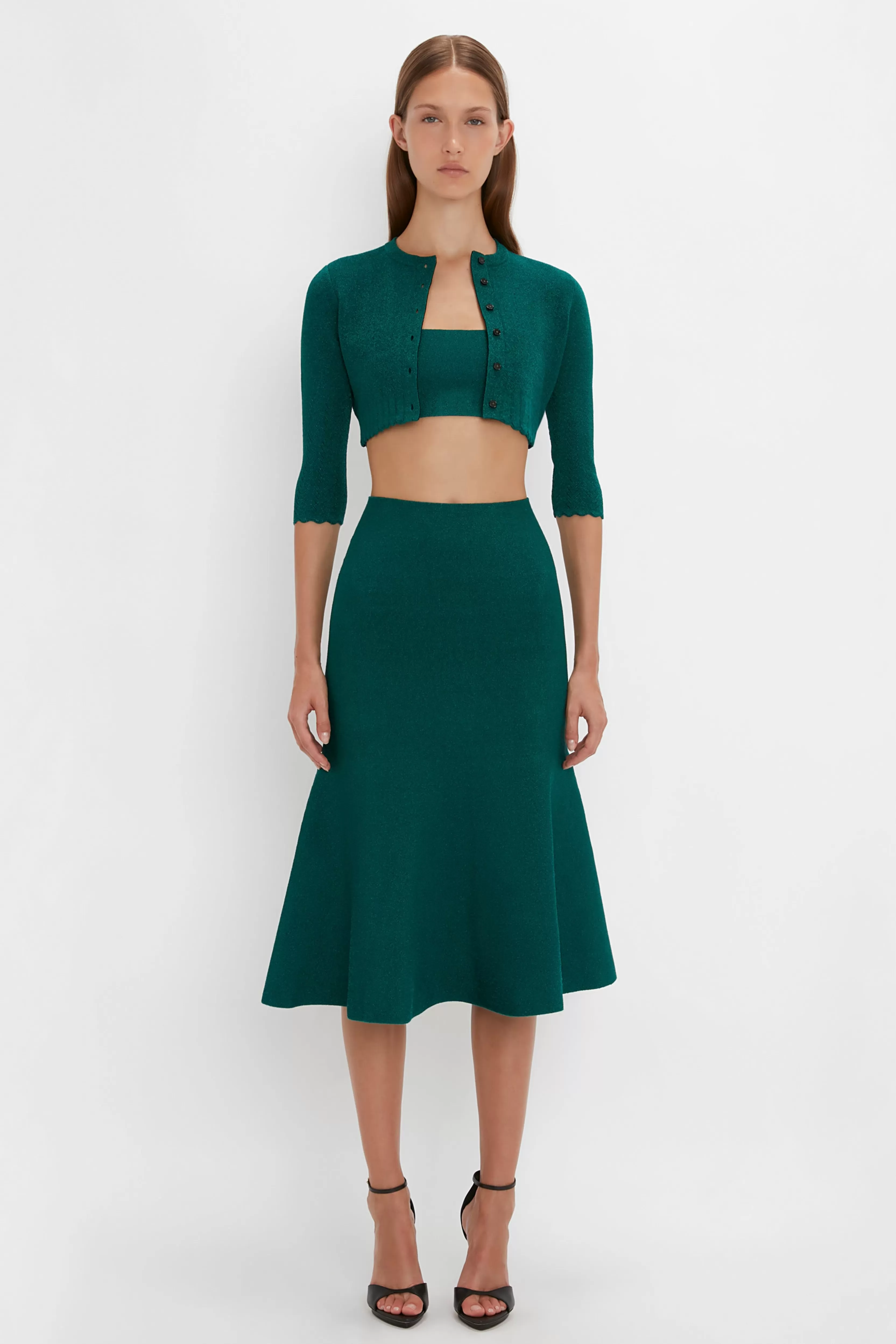 READY TO WEAR Victoria Beckham VB Body | Pre Spring Summer 2024 | Knitwear | VB Body Cropped Cardi In Lurex Green