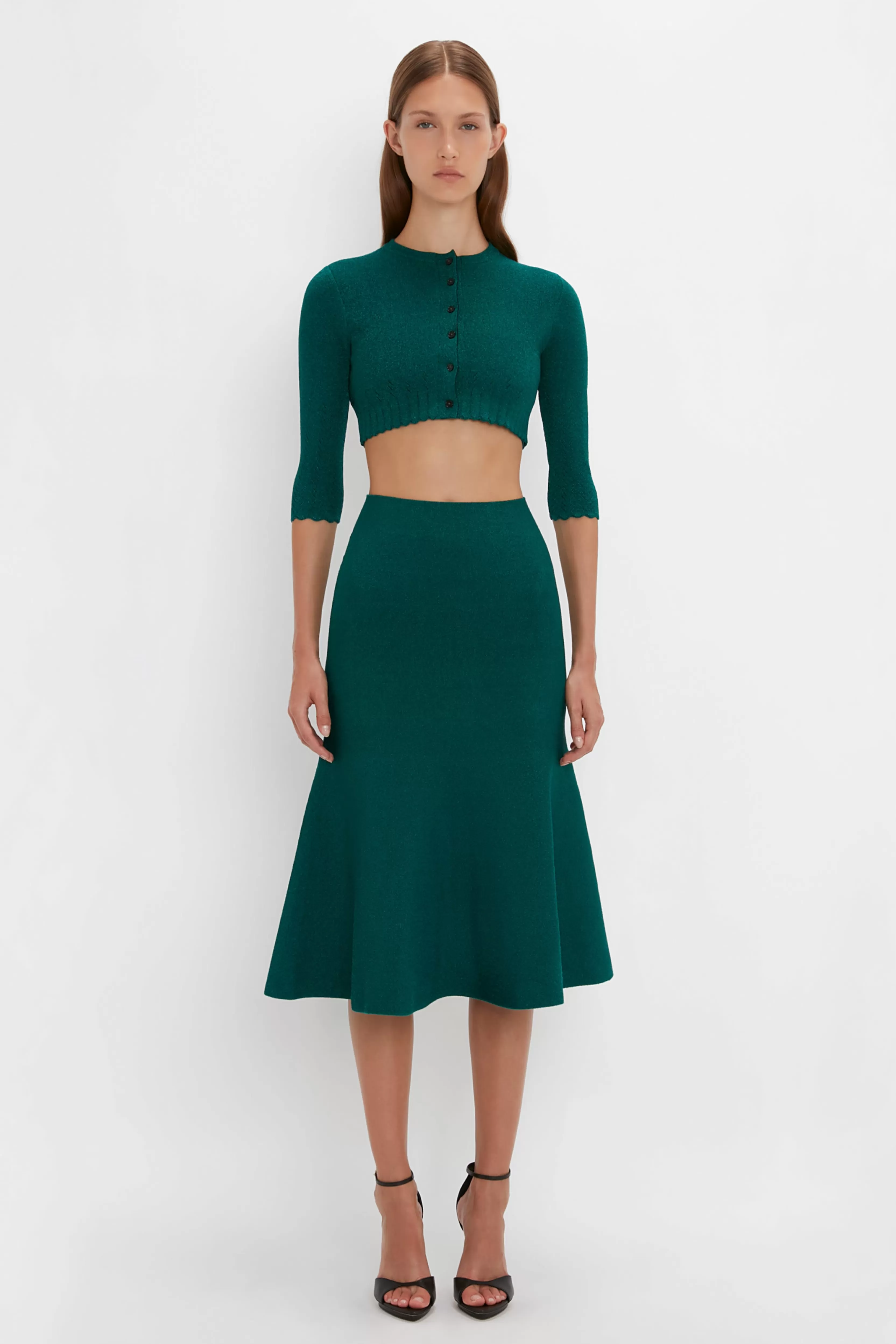 READY TO WEAR Victoria Beckham VB Body | Pre Spring Summer 2024 | Knitwear | VB Body Cropped Cardi In Lurex Green