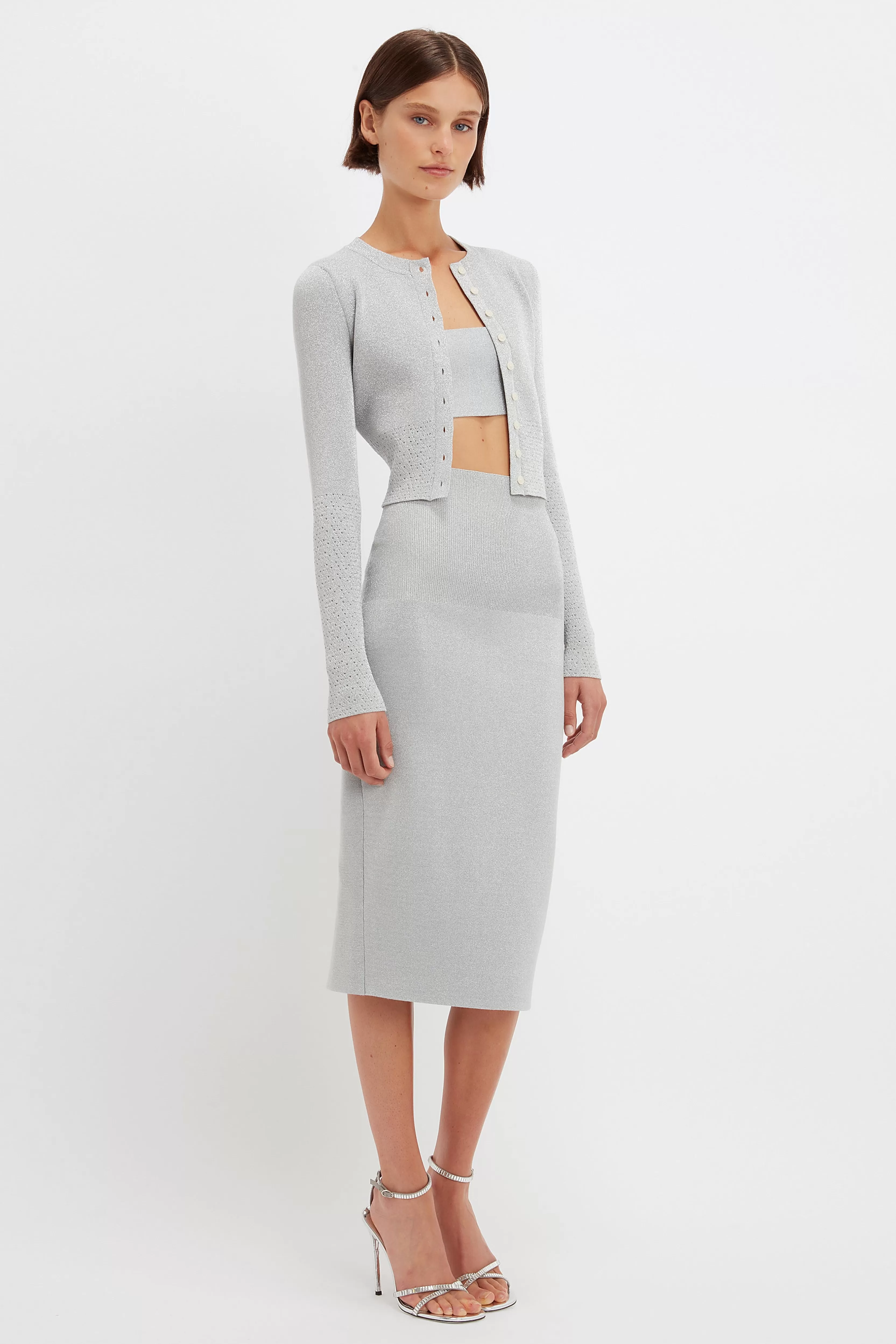 READY TO WEAR Victoria Beckham VB Body | Sale | VB Body Cropped Fitted Cardigan in Silver