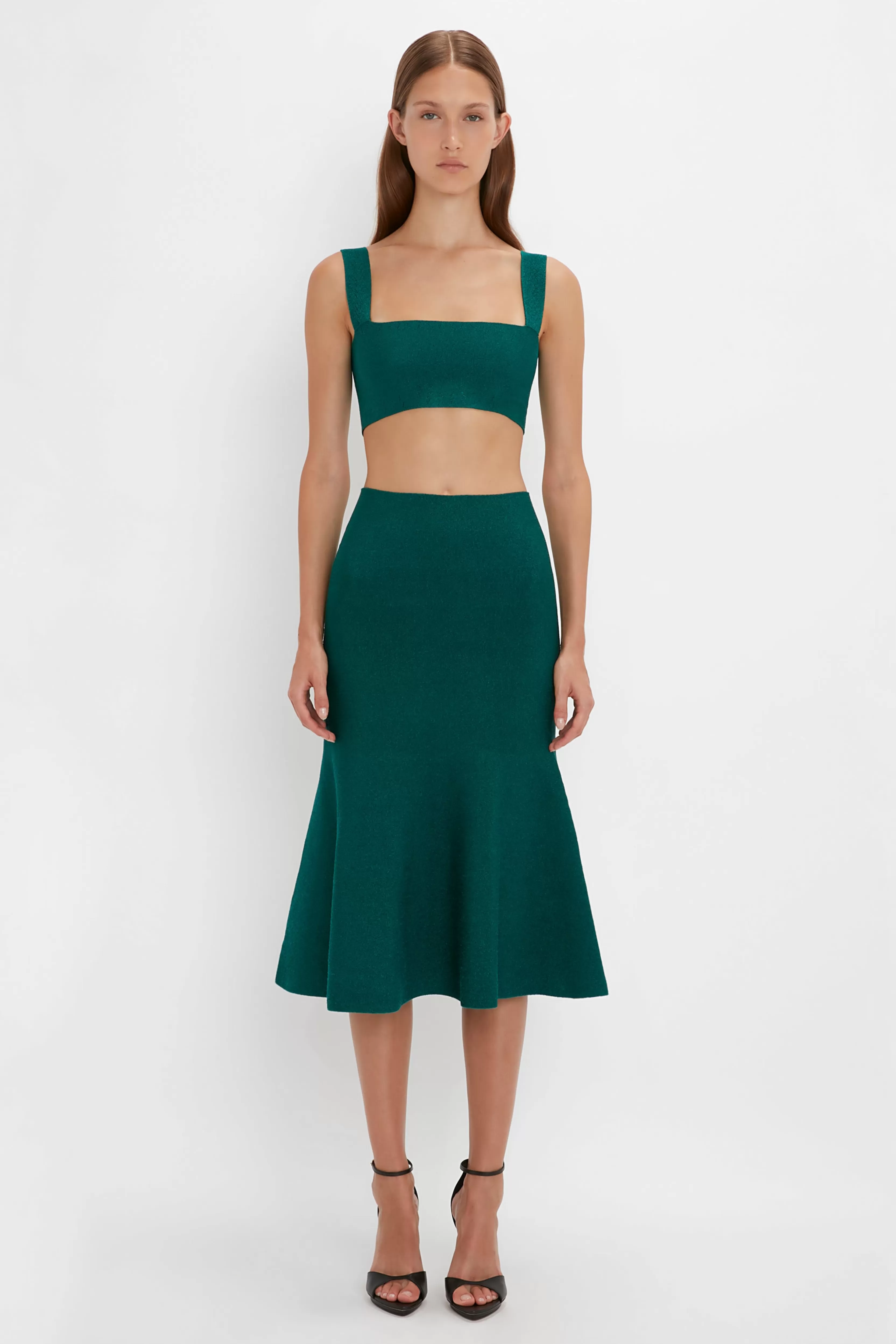 READY TO WEAR Victoria Beckham VB Body | Pre Spring Summer 2024 | Skirts | VB Body Flared Skirt In Lurex Green