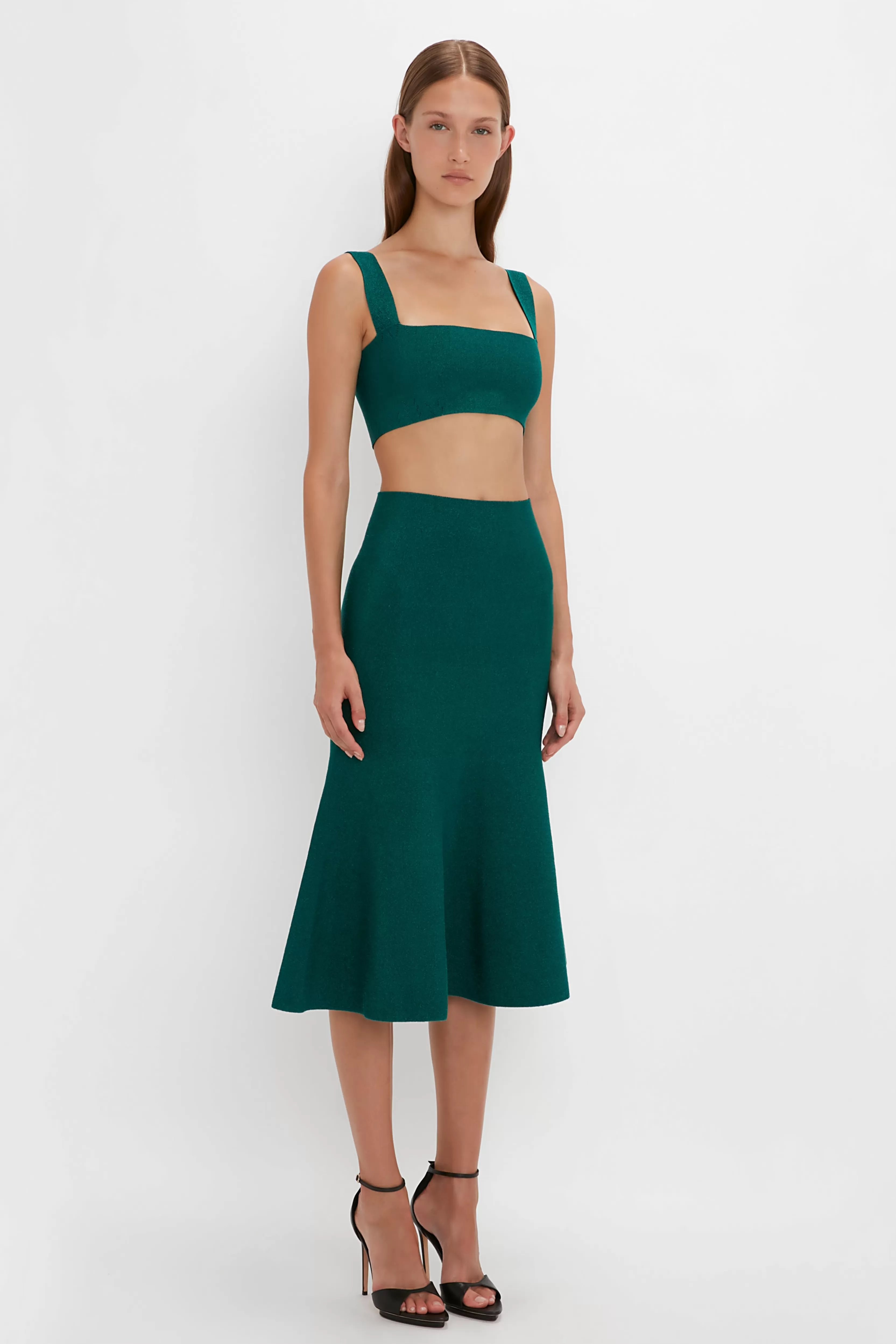 READY TO WEAR Victoria Beckham VB Body | Pre Spring Summer 2024 | Skirts | VB Body Flared Skirt In Lurex Green