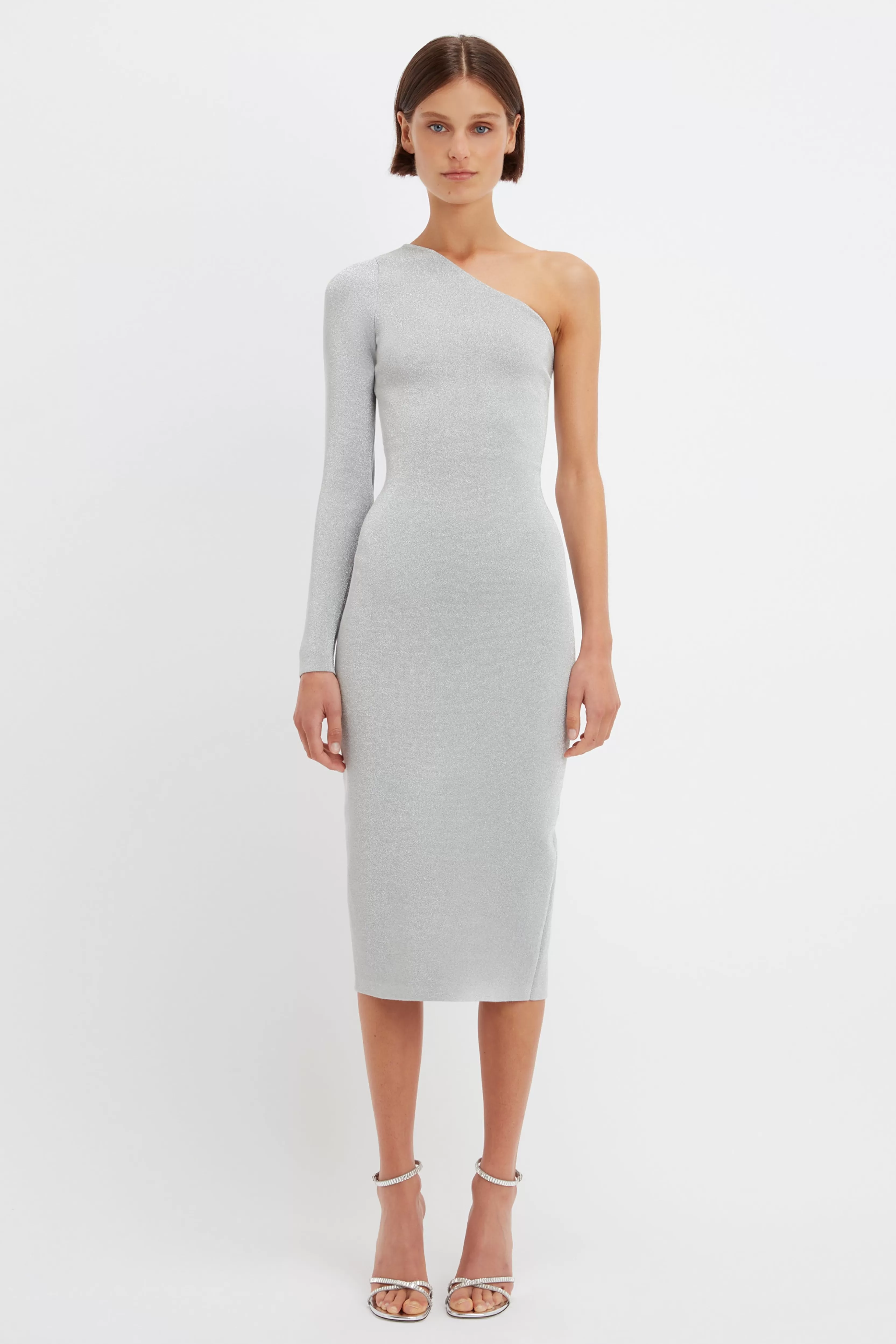 READY TO WEAR Victoria Beckham VB Body | Sale | VB Body One Shoulder Midi Dress in Silver